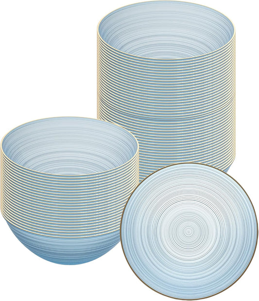 Restaurantware Plastic Bowls 20 Pcs 16 oz Gold Rimmed Disposable Soup Bowls Heavy-Duty Blue Translucent Rippled Dinnerware Containers for Party, Desserts, Salads, Snacks, and Catering