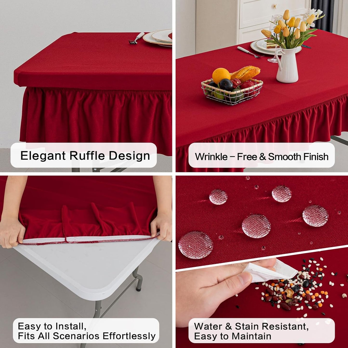4ft Red Stretch Tablecloth for Rectangular Tables - Flared Wrap Design, Waterproof, Wrinkle-Resistant, Washable - Ideal for Weddings, Parties, Banquets & Table Protection