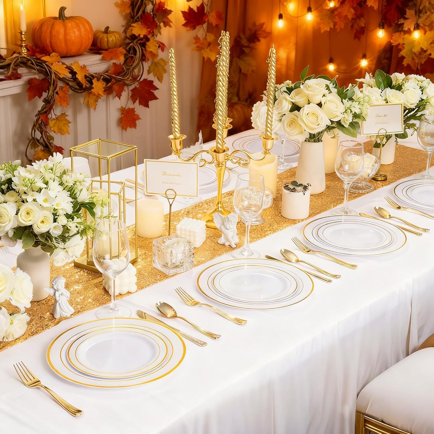 WDF 120 pieces Gold Disposable Plastic Plates - White and Gold Plates Include 10.25" Dinner Plate & 7.5" Salad Plate for Thanksgiving Weddings/Party