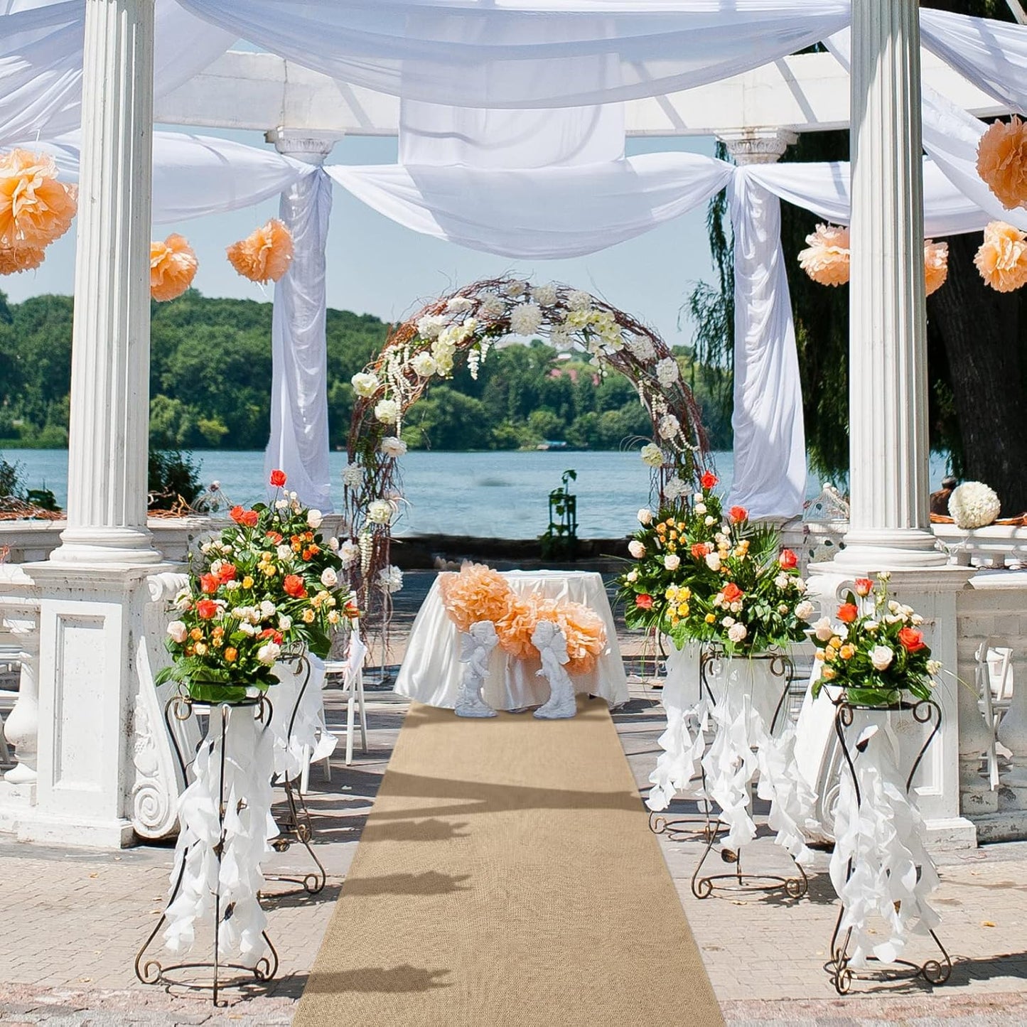 Tudomro 40 Inch x 15 Ft Extra Long Natural Burlap Wedding Aisle Runner Outdoor Jute Burlap Aisle Runner for Wedding Ceremony Rustic Indoor Carpet for Walkway (Elegant Style)