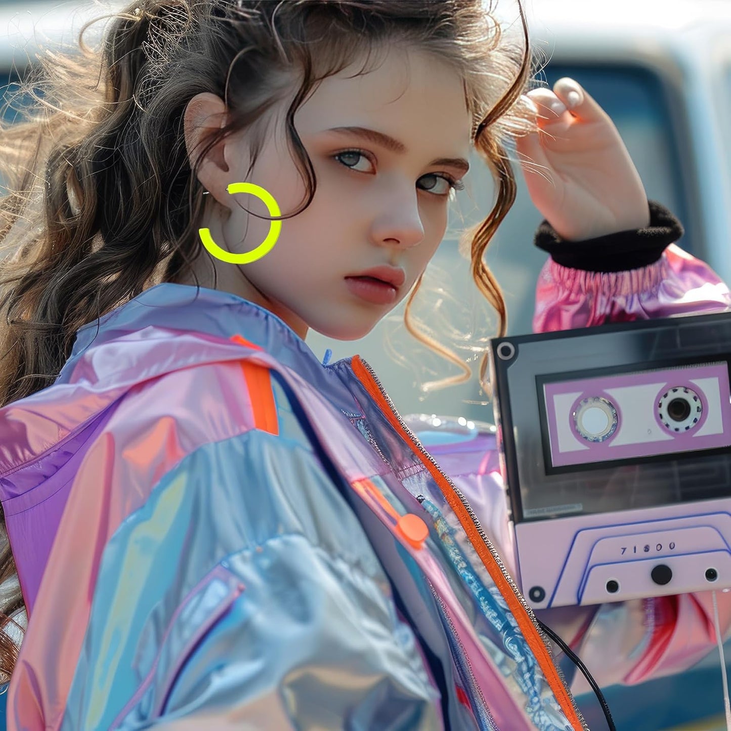 80s 90s Neon Earrings for Women Retro Cassette Tape Hoop Earring Candy Color Lightweight Acrylic Stud Dangle Earrings for 80S Costume Outfits Dancing Glow Party Accessories