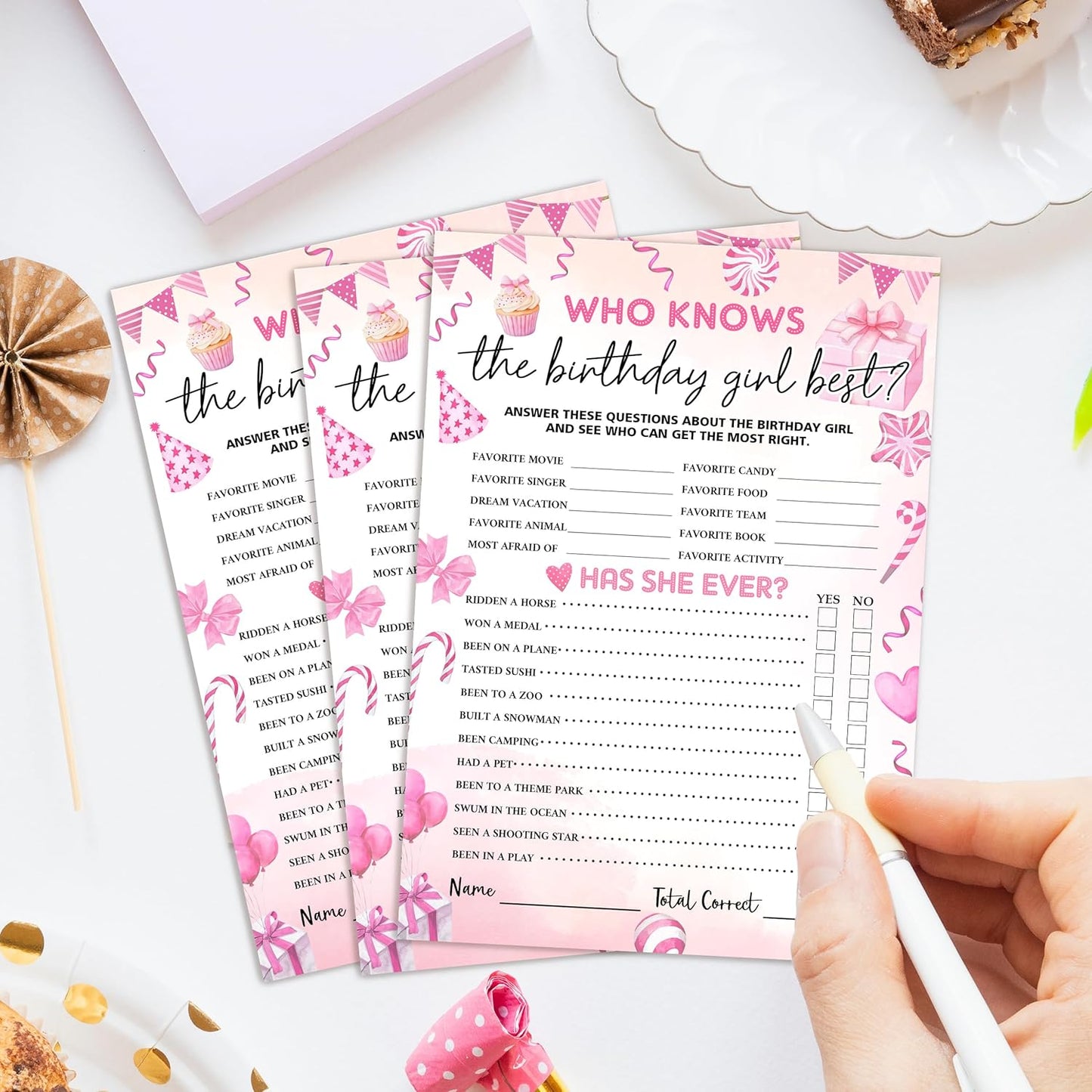 Birthday Party Games Card, Who Knows The Birthday Girl Best, Girls Sleepover Party Supplies for The Girls Card Game, 5x7 Inch Set of 25 Game Cards (Pink, Double-Sided) - A04