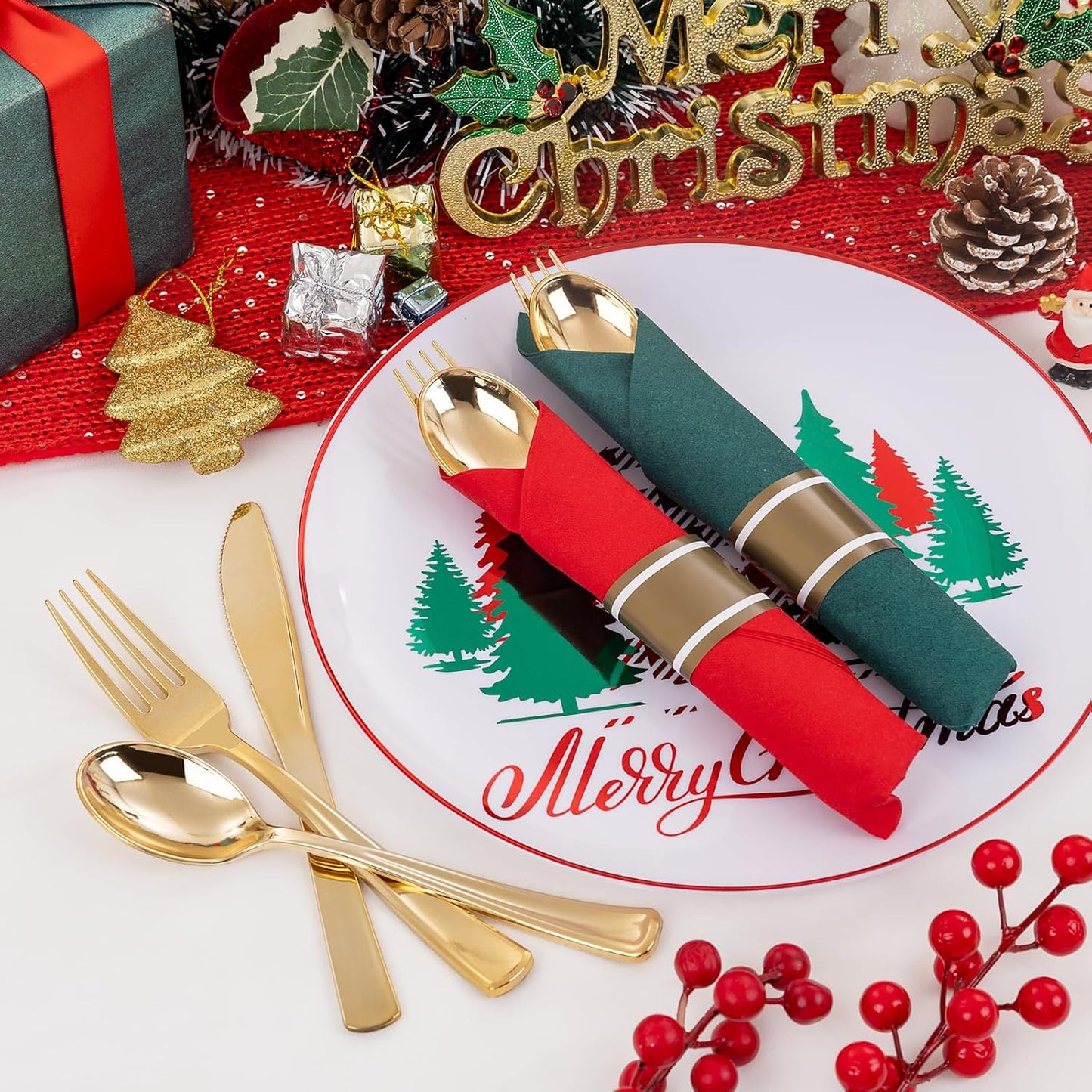 Supernal 240pcs Christmas Rolled Plastic Silverware,Gold Disposable Silverware,Wrapped Plastic Cutlery Set with Napkin,Pre Rolled Silverware Set Disposable,Christmas Cutlery Served for 60 Guests