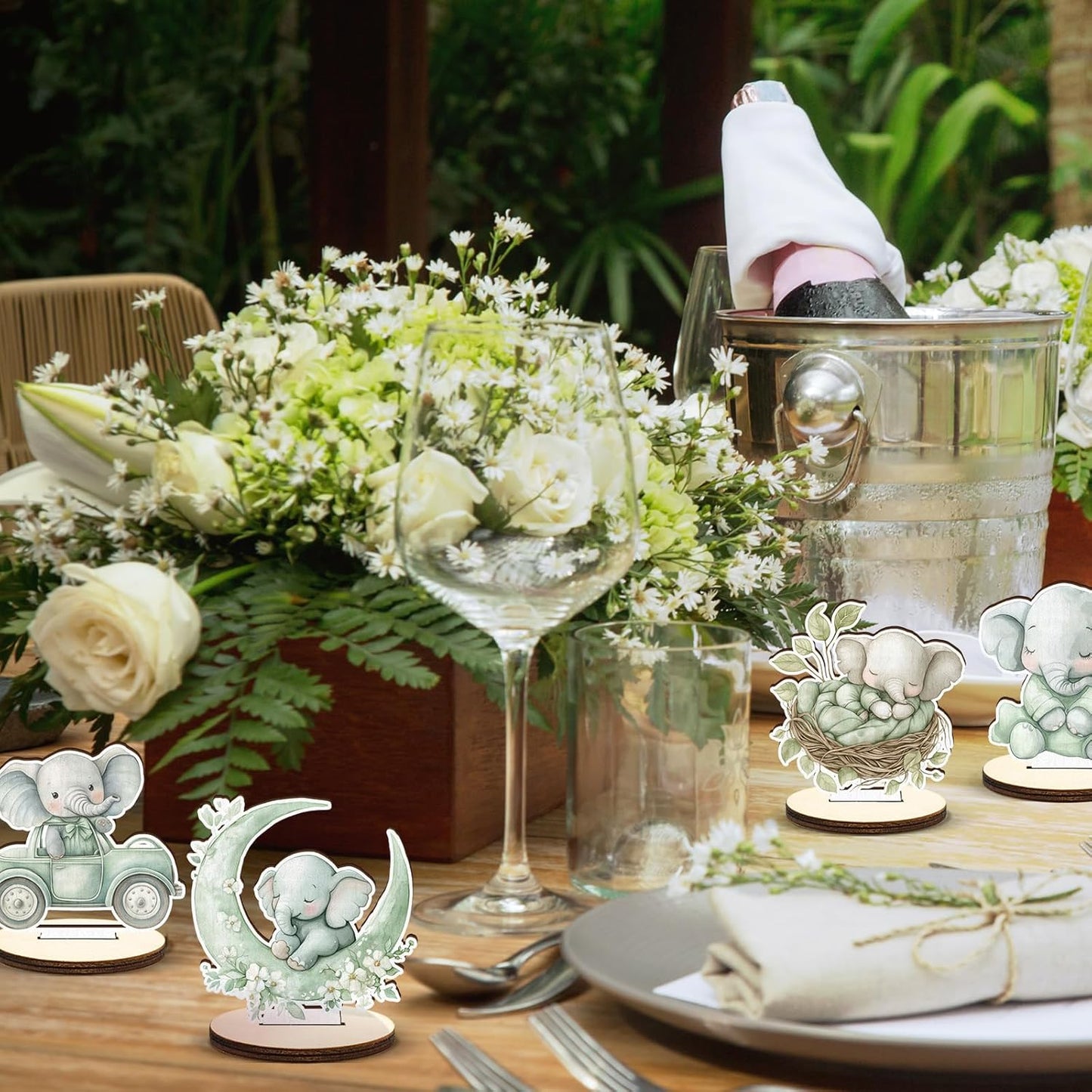 16 Pcs Wooden Baby Shower Table Centerpiece Sage Green Elephant Tabletop Detachable Sign Boy Or Girl Gender Reveal Table Toppers Display Decoration Elephant Birthday Photo Props Party Favor Supplies