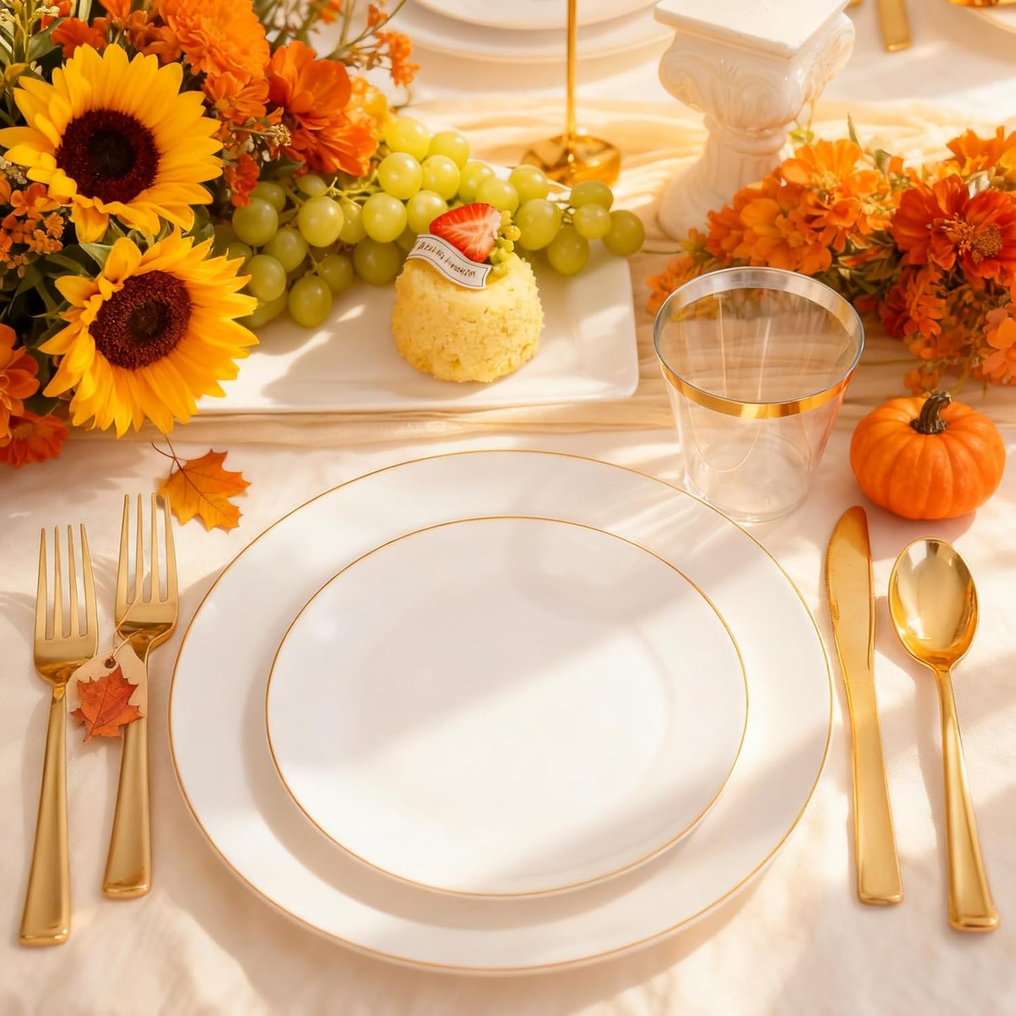 KIRE 175PCS Gold Plates Disposable - Heavy Duty White and Gold Plastic Plates Dinnerware Sets - 25 for Dinner 25 for Dessert 25 Pre Rolled Napkins and 25 Cups for Birthday/Thanksgiving Party/Wedding