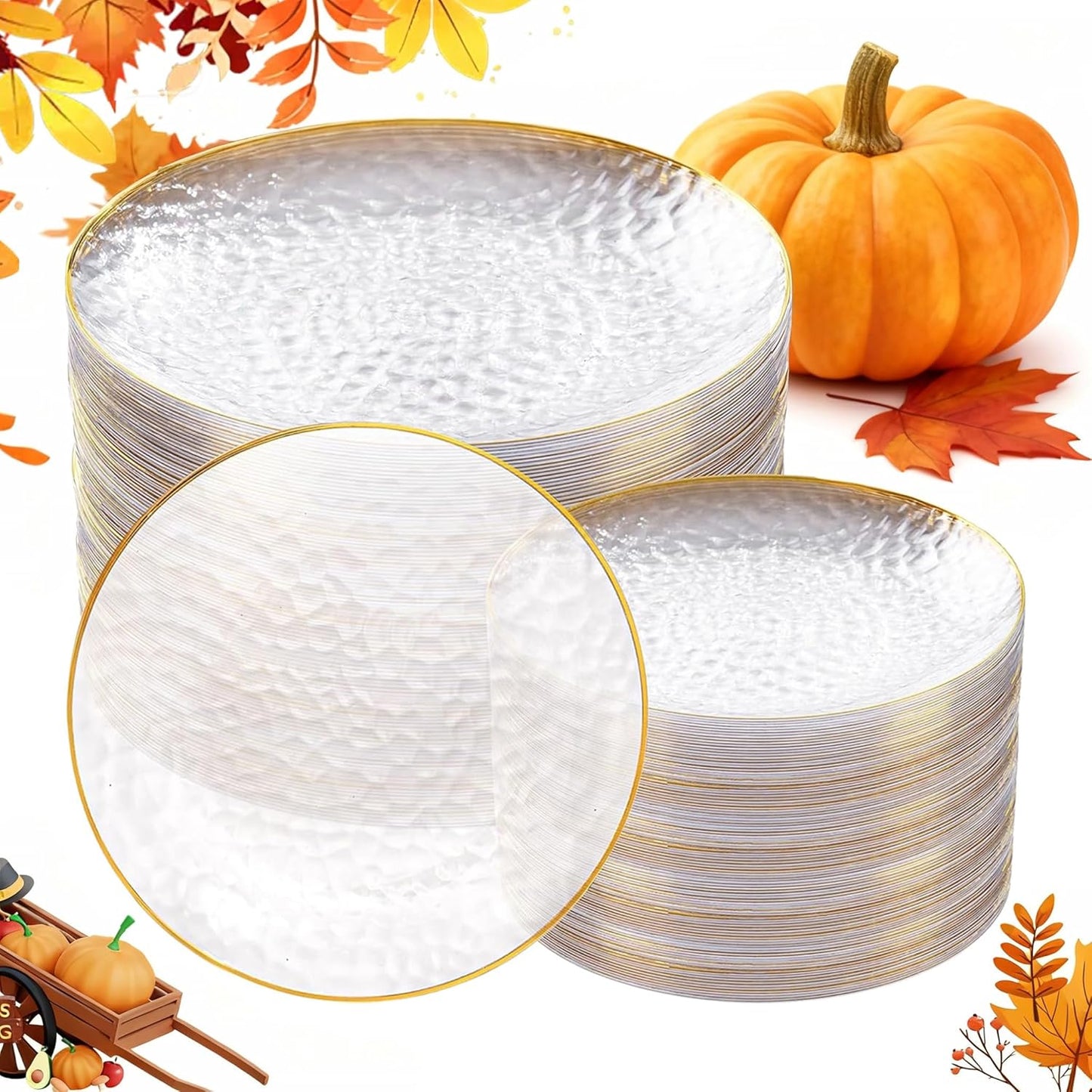 Rubtlamp 100Pcs Clear Gold Plastic Plates, Disposable Plates With Gold Rim, Heavy-duty Party Platos, Hammered Plastic Plates Include 50 Clear Dessert Platos, 50 Dinner Platos for Thanksgiving