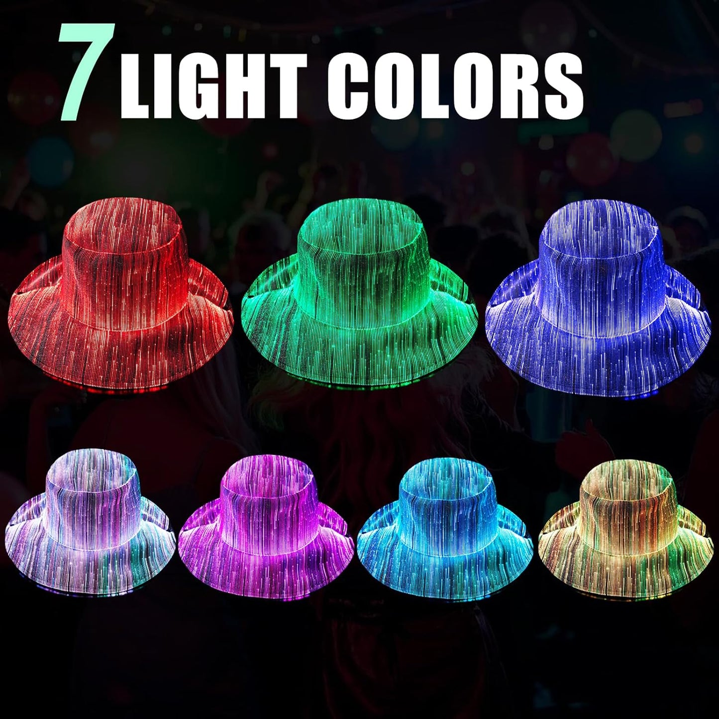 LED Bucket Hat, 7 Colors Rave LED Hats for Men Women Rechargeable Light up LED Cowboy Hat Wide Brim Neon Outfit for Party (Black)