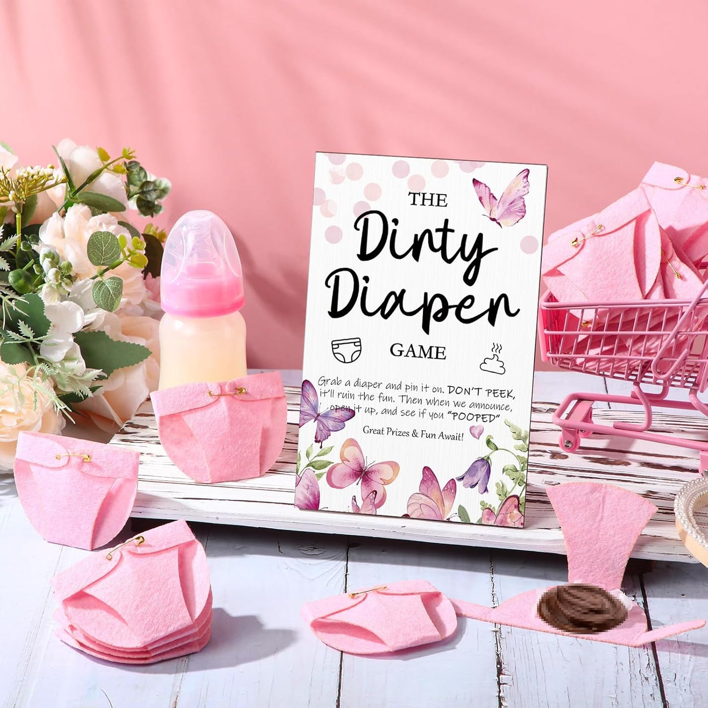Roowest 51 Pcs Dirty Diaper Baby Shower Games Funny Wooden Sign with 50 Pcs Mini Diapers Cute Felt for Gender Reveal Party Baby Shower(Pink Butterfly)