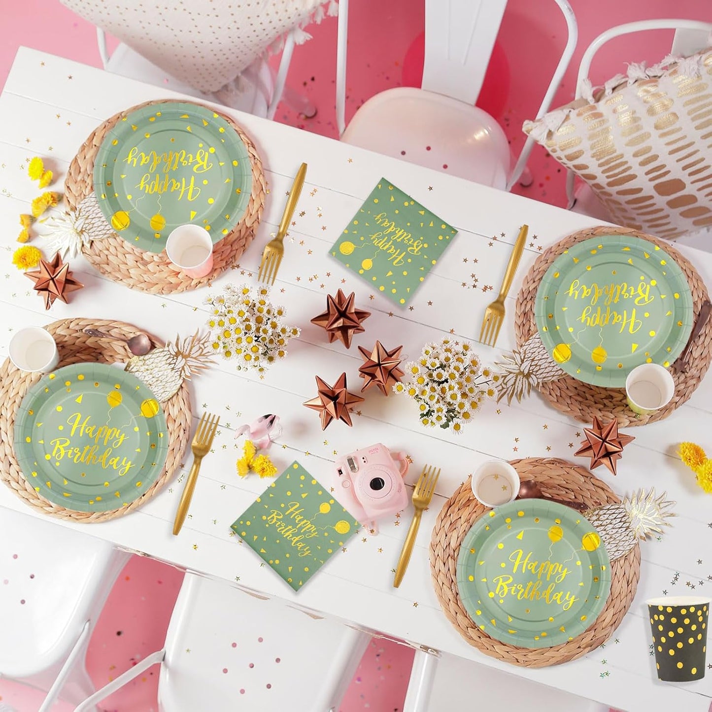 96PCS Happy Birthday Plates and Napkins Party Supplies, Sage Green and Gold Disposable Paper Plates and Napkins with Forks Tableware Set for Birthday Party Decorations 24 Guests (Birthday Sage Green)