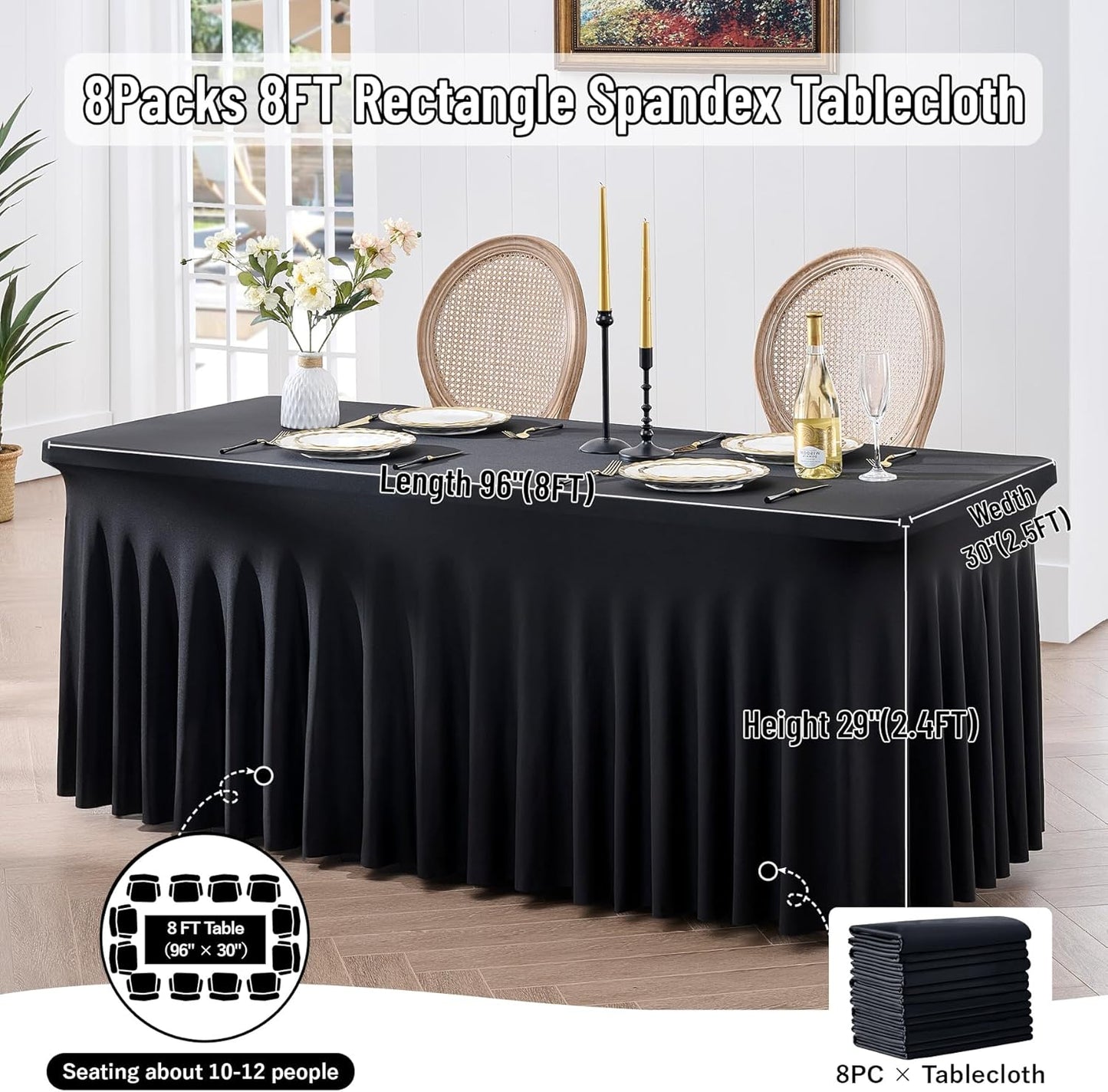 leegleri Black Spandex Table Clothes for 8 Foot Rectangle Tables, 8 Pack Wrinkle Free Rectangle Table Cloth 8ft Stretch Fitted Tablecloths with Skirt for Parties Weddings Birthday Banquet Baby Shower