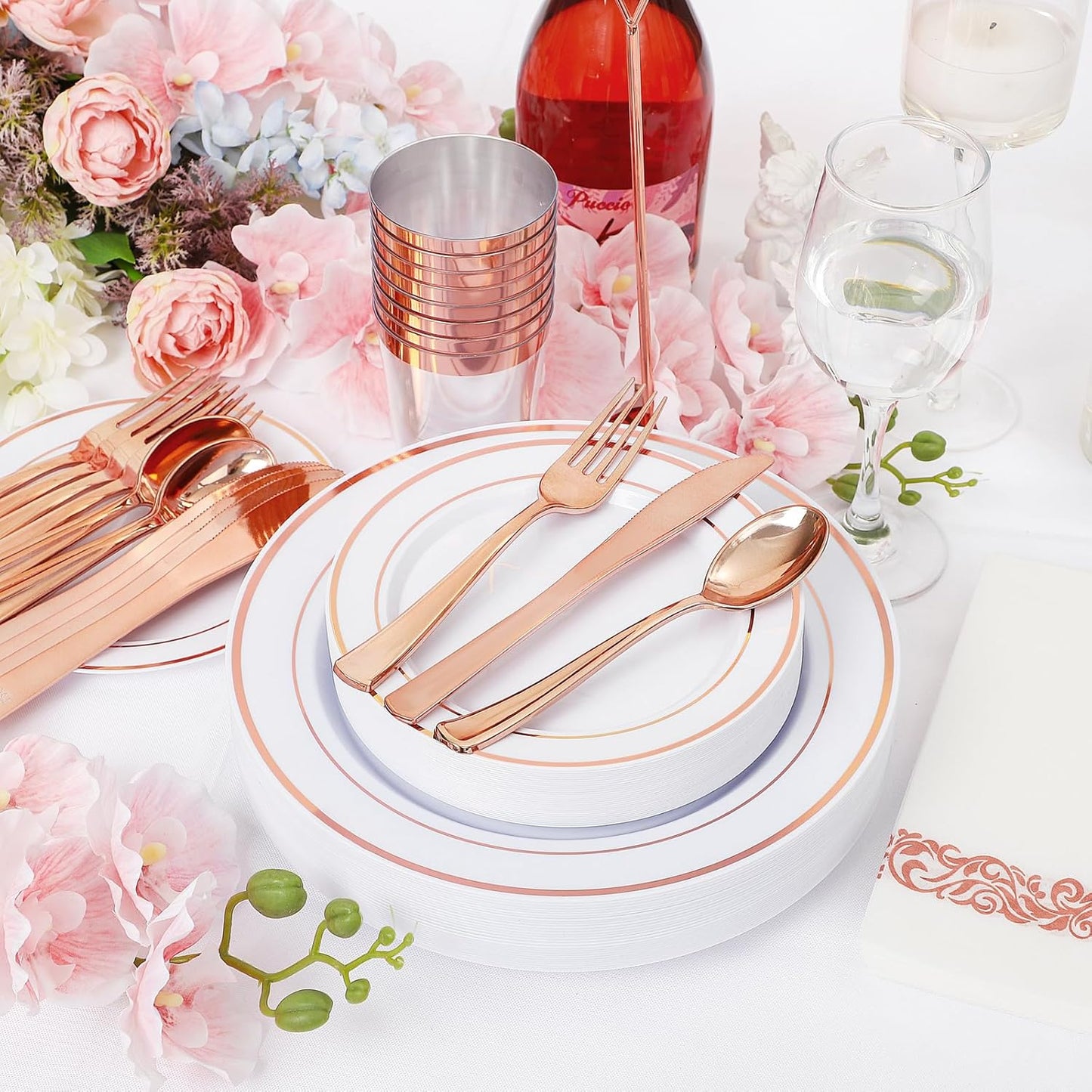 Supernal 200pcs Rose Gold Plastic Dinnerware included Disposable Flatware& Plastic Party Plates Disaposable Cups and Napkins,Perfect for Party,Birthday and Wedding