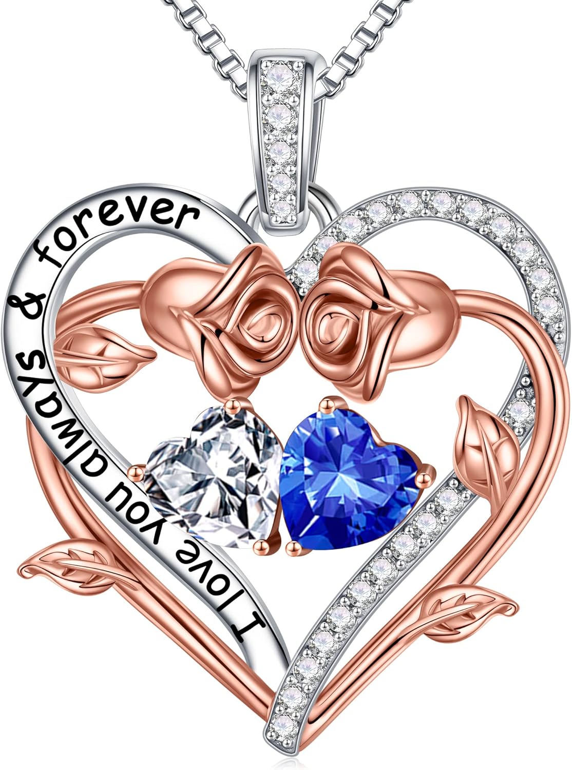 Iefil Rose Heart Double Birthstone Necklace Gifts for Wife Her Mom Women, Birthstone Jewelry Gemstone Birthday Gifts for Girlfriend Grandma Her Wife Women