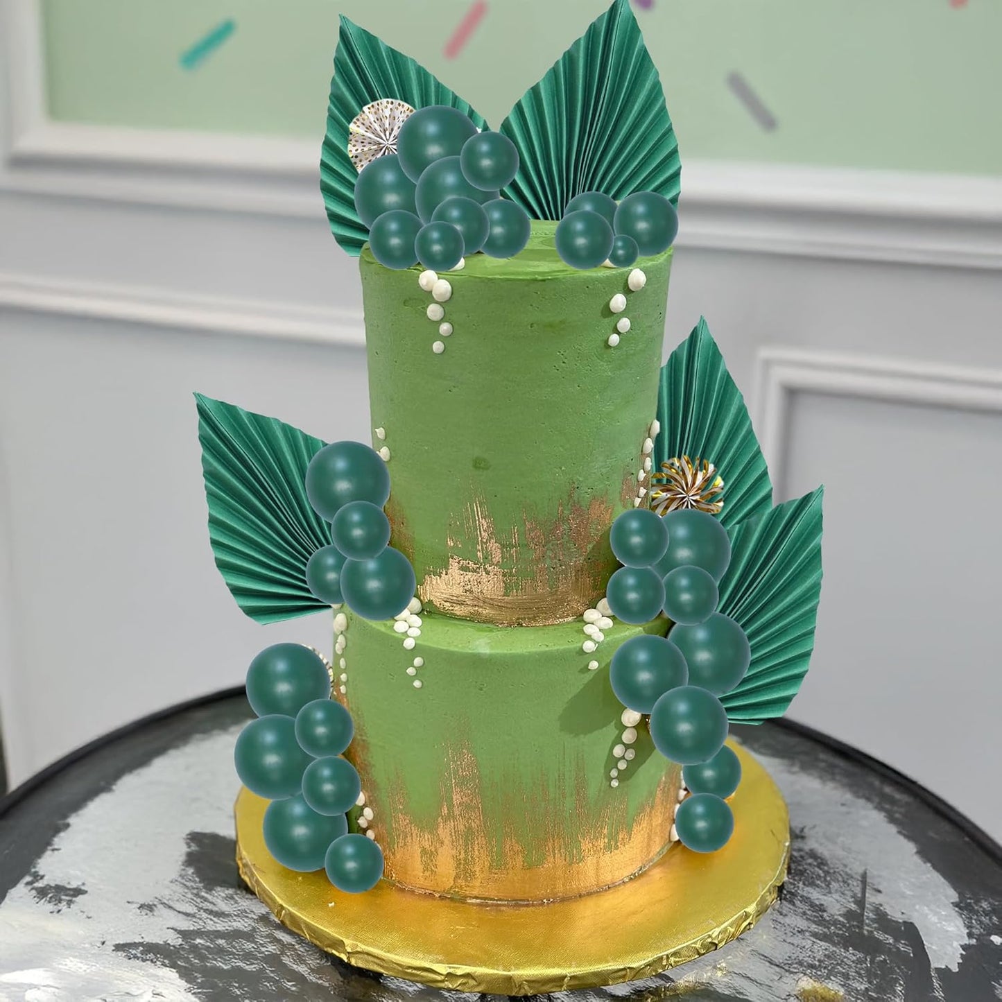 Ephlyn 28Pcs Paper Palm Fan Cake Topper Balls Cake Pick for Baby Shower Wedding Bridal Shower Birthday Anniversary Party DIY Cake Decorations Supplies Green