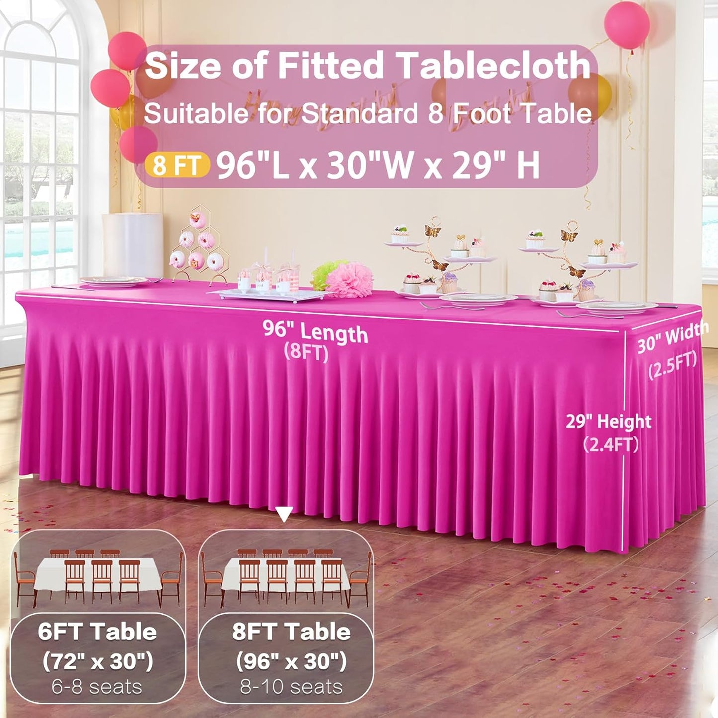 4 Pack Hot Pink Spandex Table Clothes for 8 Foot Rectangle Tables, Wrinkle Free Fitted Table Cover 8ft Fuchsia Stretch Tablecloths with Skirt for Parties Weddings Birthday Banquet Baby Shower