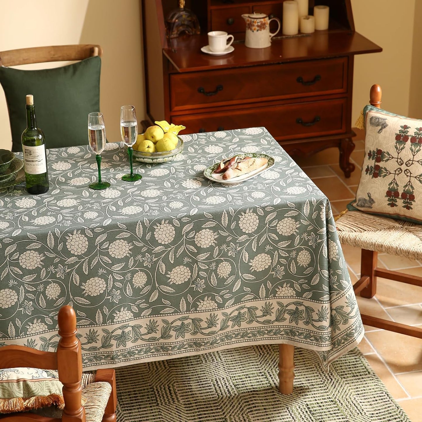 ISAENNE Designer Grayish Green Linen Extra Long Tablecloth Rectangle,Floral Stain Resistant Table Cloth,Fall Vintage Decor Tablecloths for Dining Thanksgiving Kitchen,63"*110"-Andrew A
