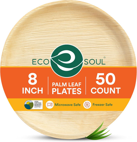 ECO SOUL Compostable 8 Inch Palm Leaf Round Plates (50 Count) Like Bamboo Plates | Biodegradable | Eco-Friendly, Microwave & Oven Safe