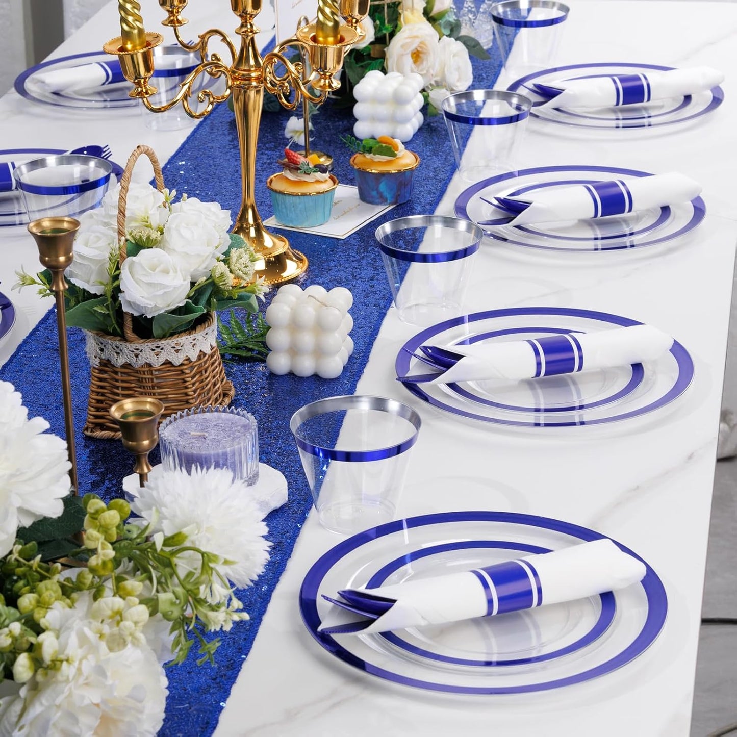 Liacere 350PCS Blue Plastic Plates - Clear with Blue Trim for 50Guests Dinnerware Include 100 Clear Plates disposable 150 Silverware 50Napkins for Wedding＆Back to School＆Labor Day&New Year