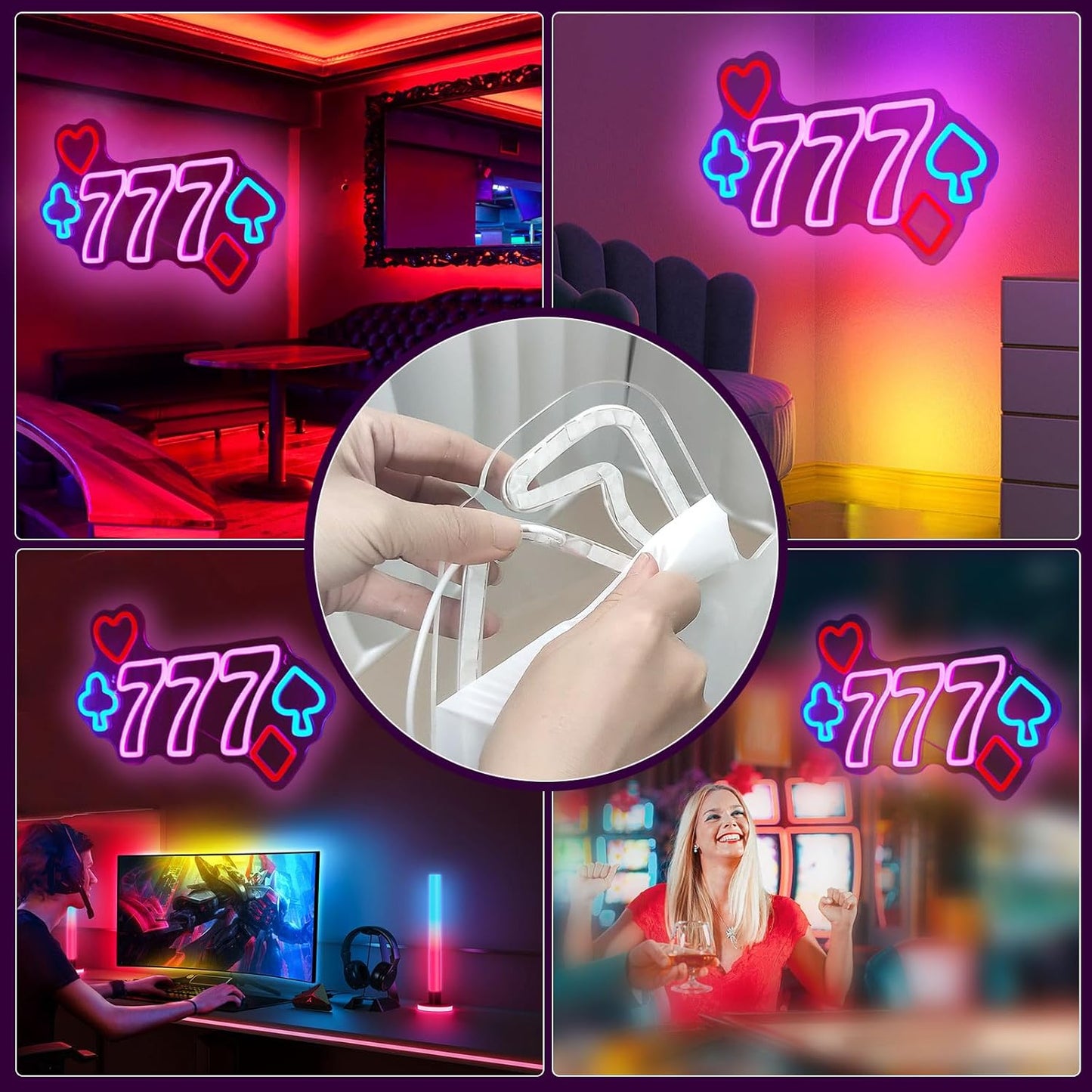 777 Casino Neon Signs for Wall Decor Pink LED Light Sign for Poker Room Decor Light Up Sign for Birthday Party Decoration USB Powered
