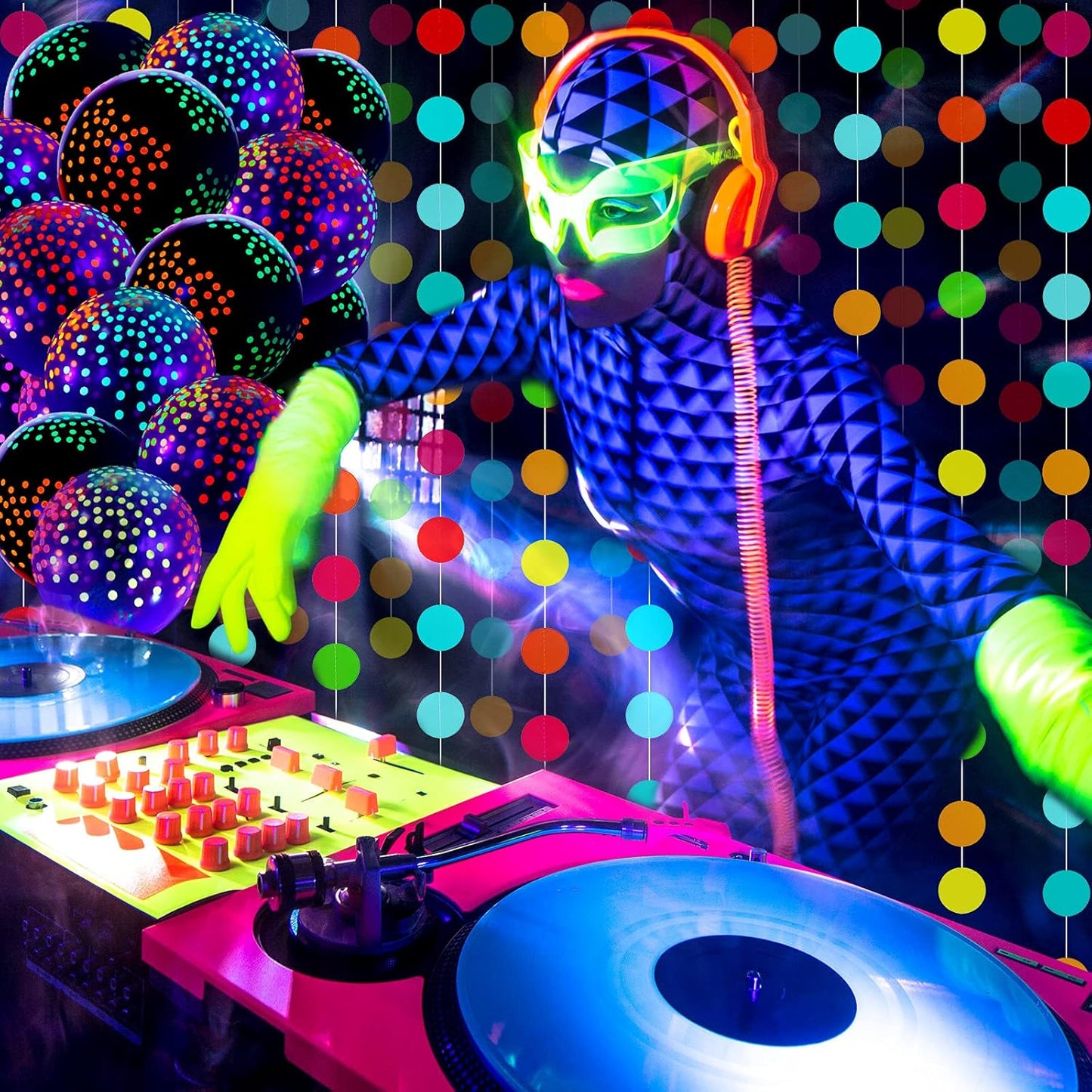 32 Pcs Glow in The Dark Party Supplies Christmas Neon Party Favors with 25 Fluorescent Balloon 6 Rolls 98.4 ft UV Blacklight Luminous Tape 14.4 ft Neon Streamer Garland for Adults(Bright Dot)