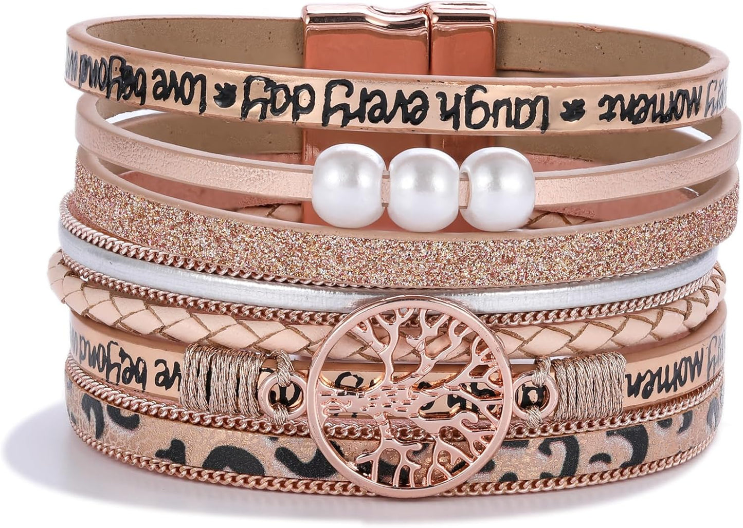 FANCY SHINY Tree of Life Leather Wrap Bracelet Inspirational Cuff Bangles Boho Pearl Bracelets with Magnetic Clasp Unique Jewelry Gifts for Women