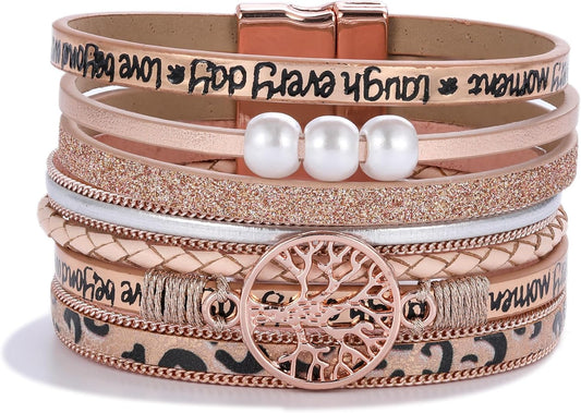 FANCY SHINY Tree of Life Leather Wrap Bracelet Inspirational Cuff Bangles Boho Pearl Bracelets with Magnetic Clasp Unique Jewelry Gifts for Women