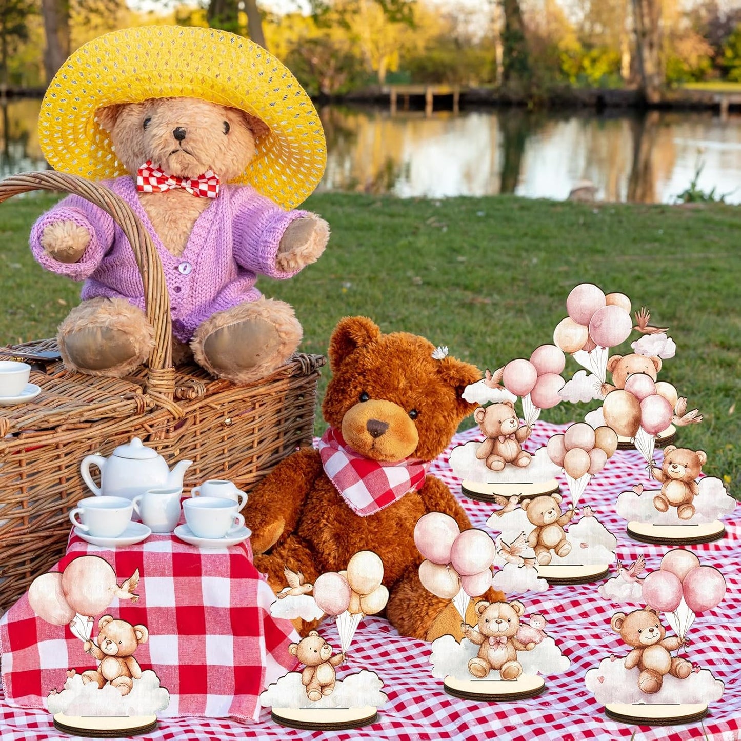 16 Pcs Wooden Baby Shower Table Centerpiece Pink Bear Tabletop Detachable Sign It's A Girl Gender Reveal Table Toppers Display Decoration Bear Birthday Photo Props Party Favor Supplies