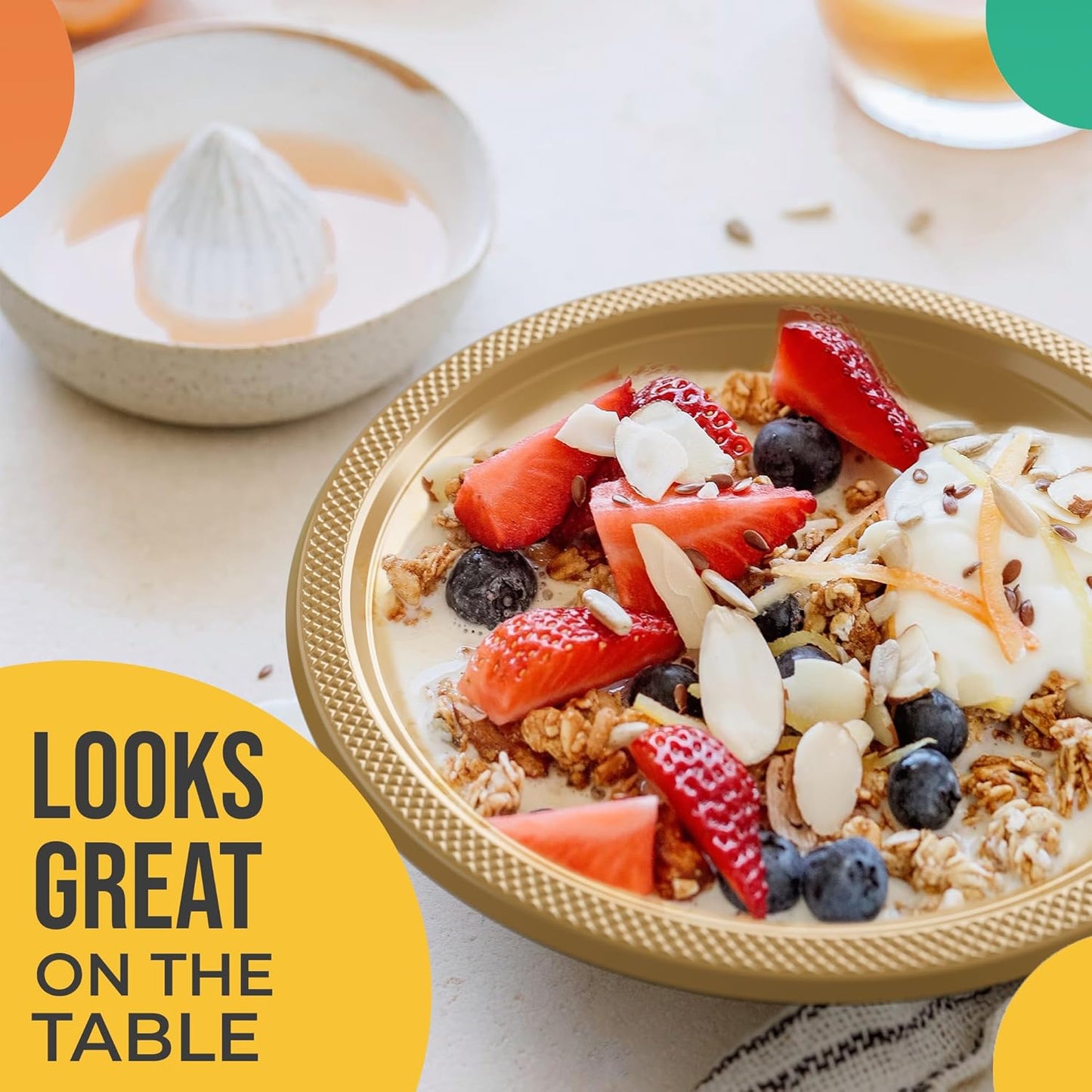 Party Solids 12 Oz Gold Plastic Bowls Disposable Bowls for Hot Food Soup 50 Pieces - For Soup, Salad, Cereal, Desserts & Party Supplies