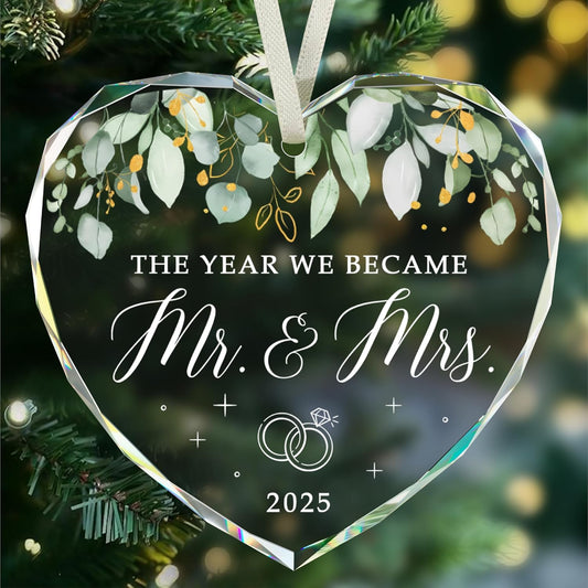 Wedding Gifts for Couples 2025 - Mr and Mrs Gift, Bridal Shower Gifts, Wedding Ideas for Newlywed Couple, Just Married Ornament 2025, Crystal Glass First Christmas Married Ornament