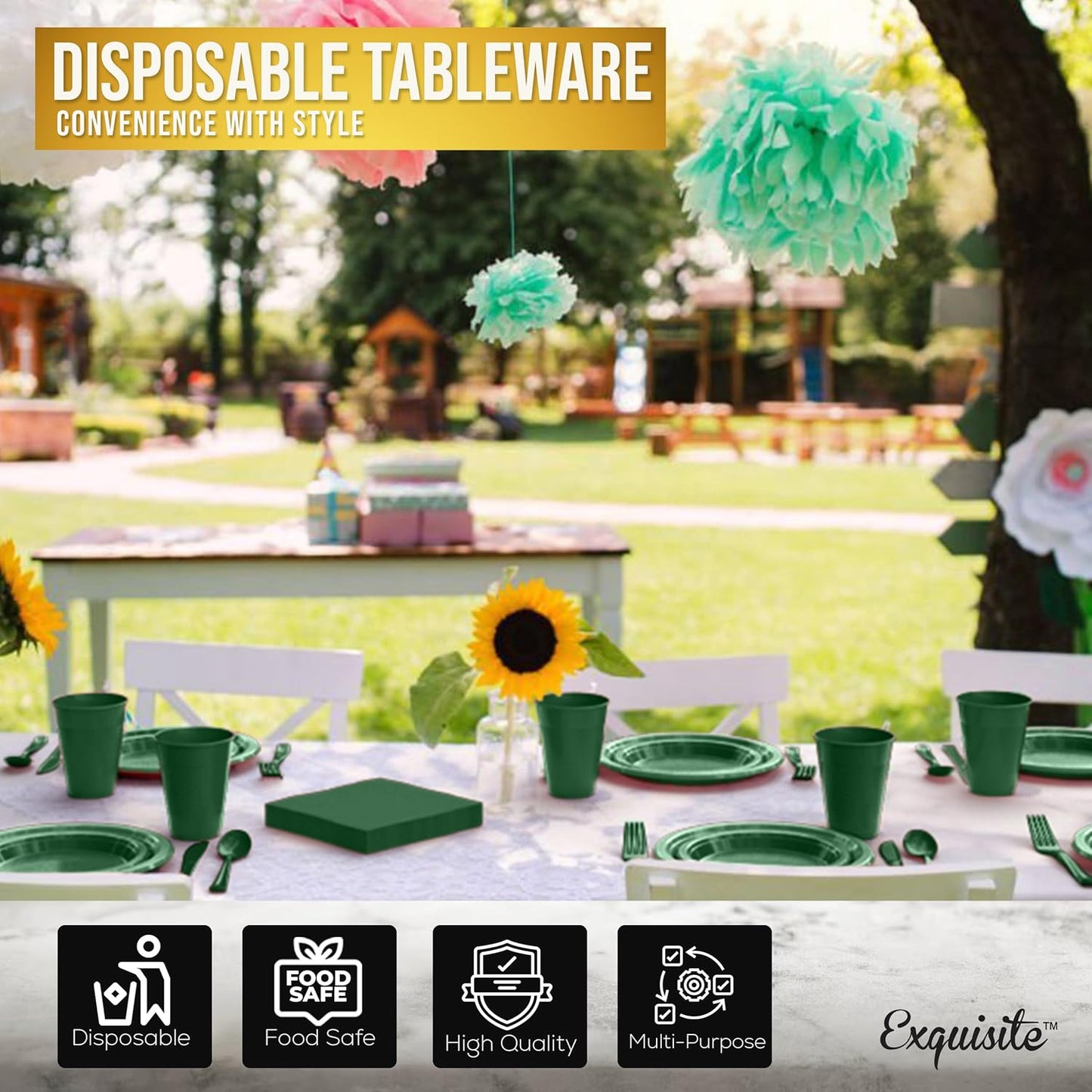 350 Pcs Emerald Green Plastic Plates For Party, Emerald Green Disposable Plates Set, 50 Of Each 9" Dinner Plate Set, 7" Dessert Plate, Cups, Napkins & Cutlery Plastic Dinnerware Exquisite