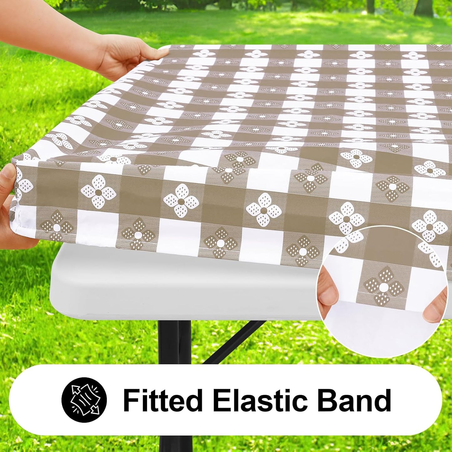 Rectangle Vinyl Table Cloth, Waterproof Elastic Fitted Tablecloth with Flannel Backing, Plastic Table Cover for Picnic, Camping, Outdoor (Khaki & White, 24"x48")