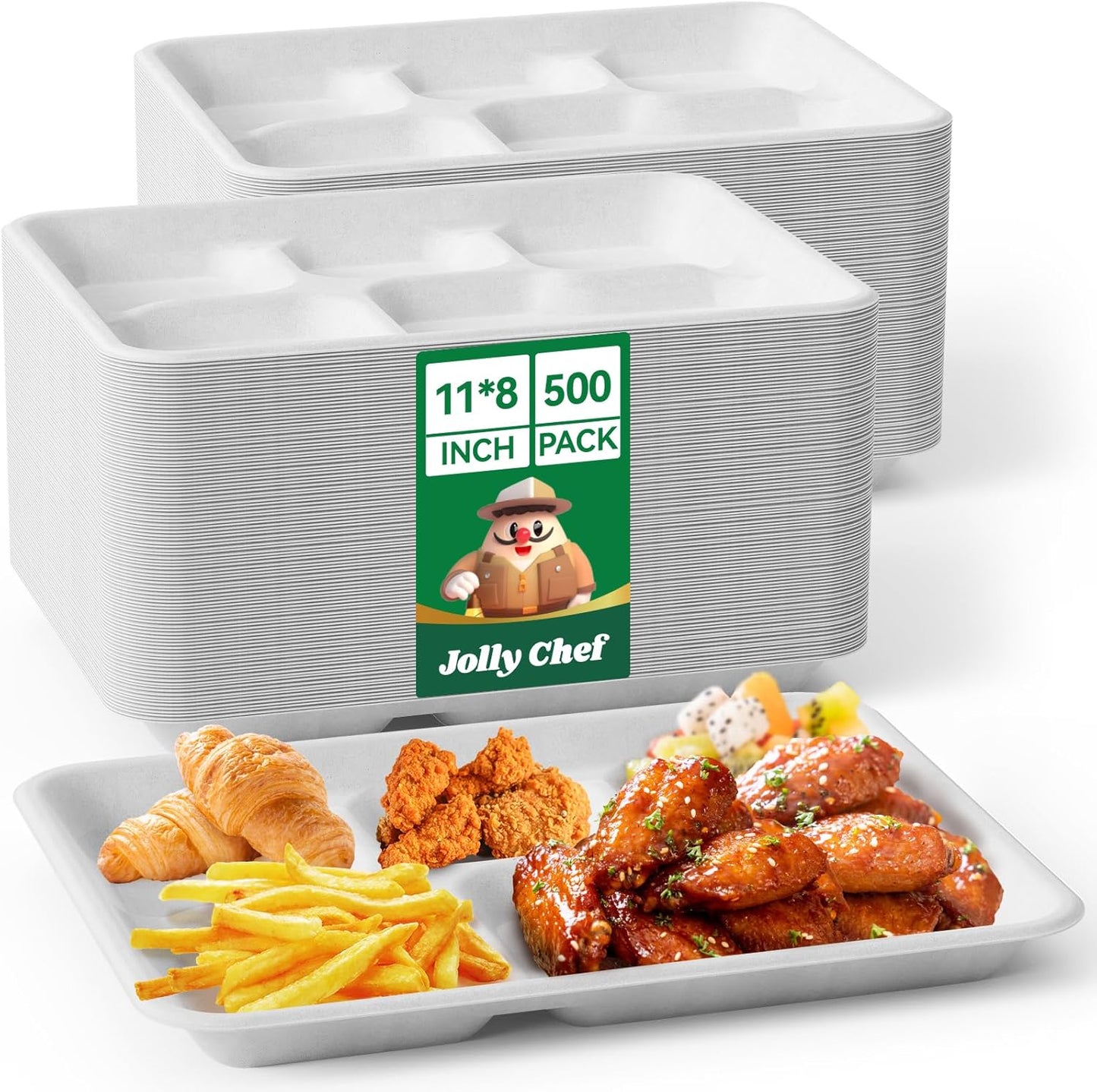 JOLLY CHEF Compostable 𝟱 Compartment Paper Plates 𝟭𝟭 * 𝟴 𝗶𝗻𝗰𝗵 [𝟱𝟬𝟬 𝗣𝗮𝗰𝗸] Heavy Duty White Divided Disposable Plate Eco-Friendly Biodegradable Food Trays for Party Lunch Thanksgiving Day