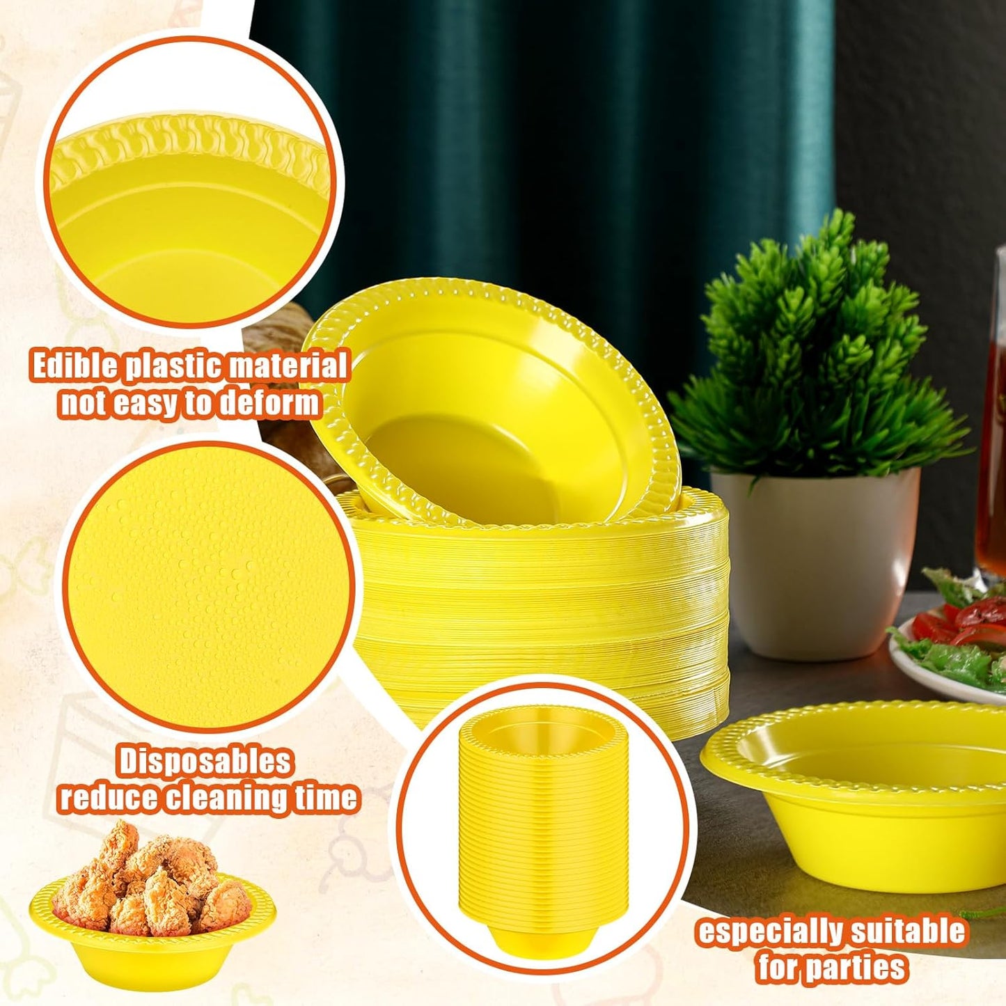 Lallisa 100 Pcs 12oz Yellow Disposable Plastic Bowls Dessert Cups Ice Cream Snack Salad Soup Food Serving Bowls for Party Favor Picnic