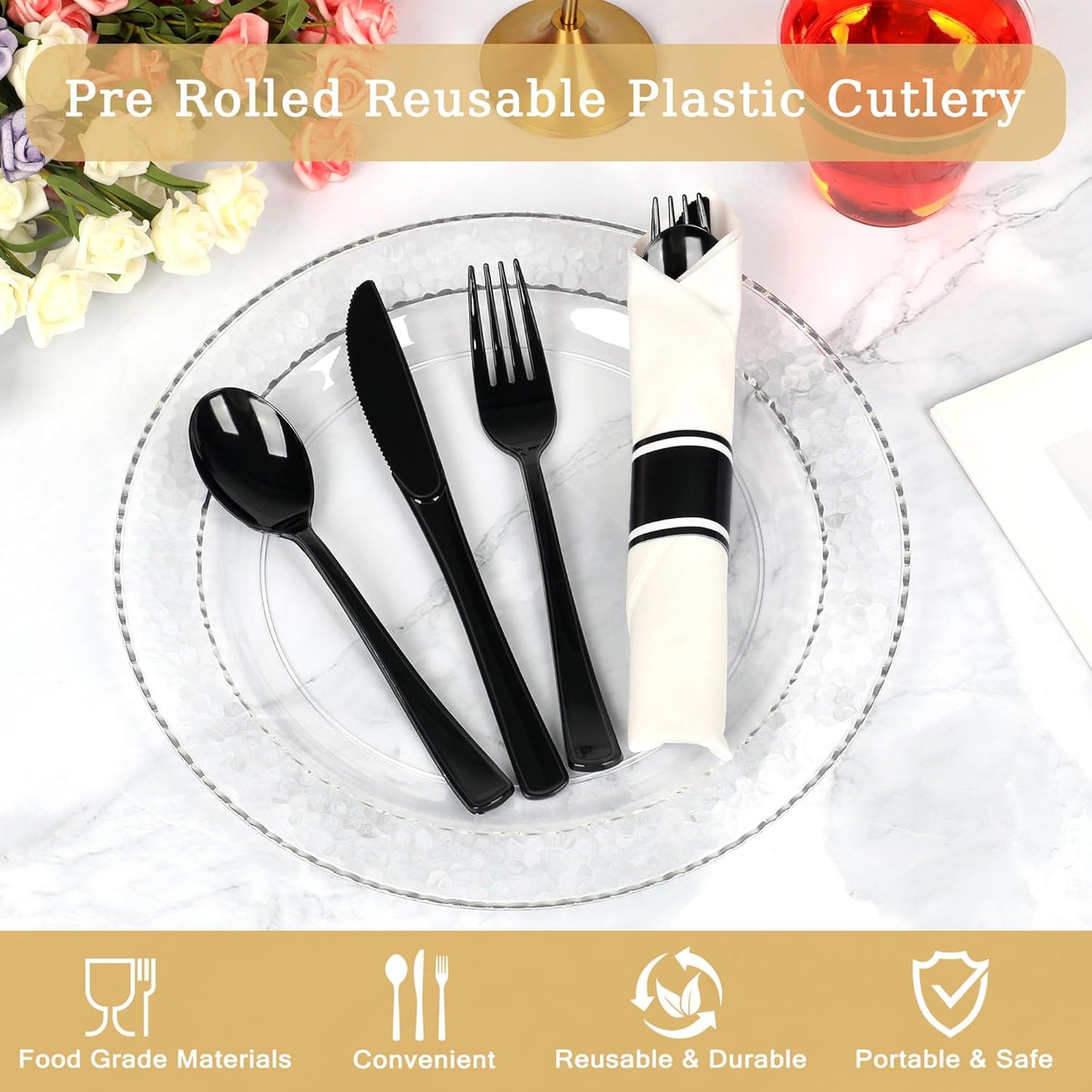 50 Pack Pre Rolled Black Plastic Silverware Set,Wrapped Plastic Cutlery Set with Napkin Include 50 Forks,50 Spoons,50 Knives and 50 White Napkins for Party,Wedding