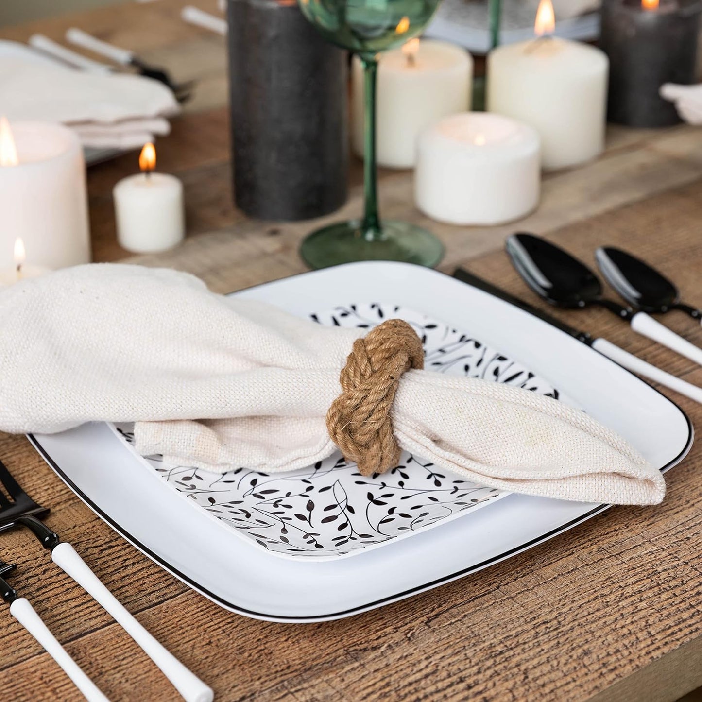 PLASTICPRO Square 64 Piece Combo Plates Set - 32 x 7'' Salad & 32 x 10'' Dinner Plates, White Plastic with Black Leaf Design, Premium Heavyweight