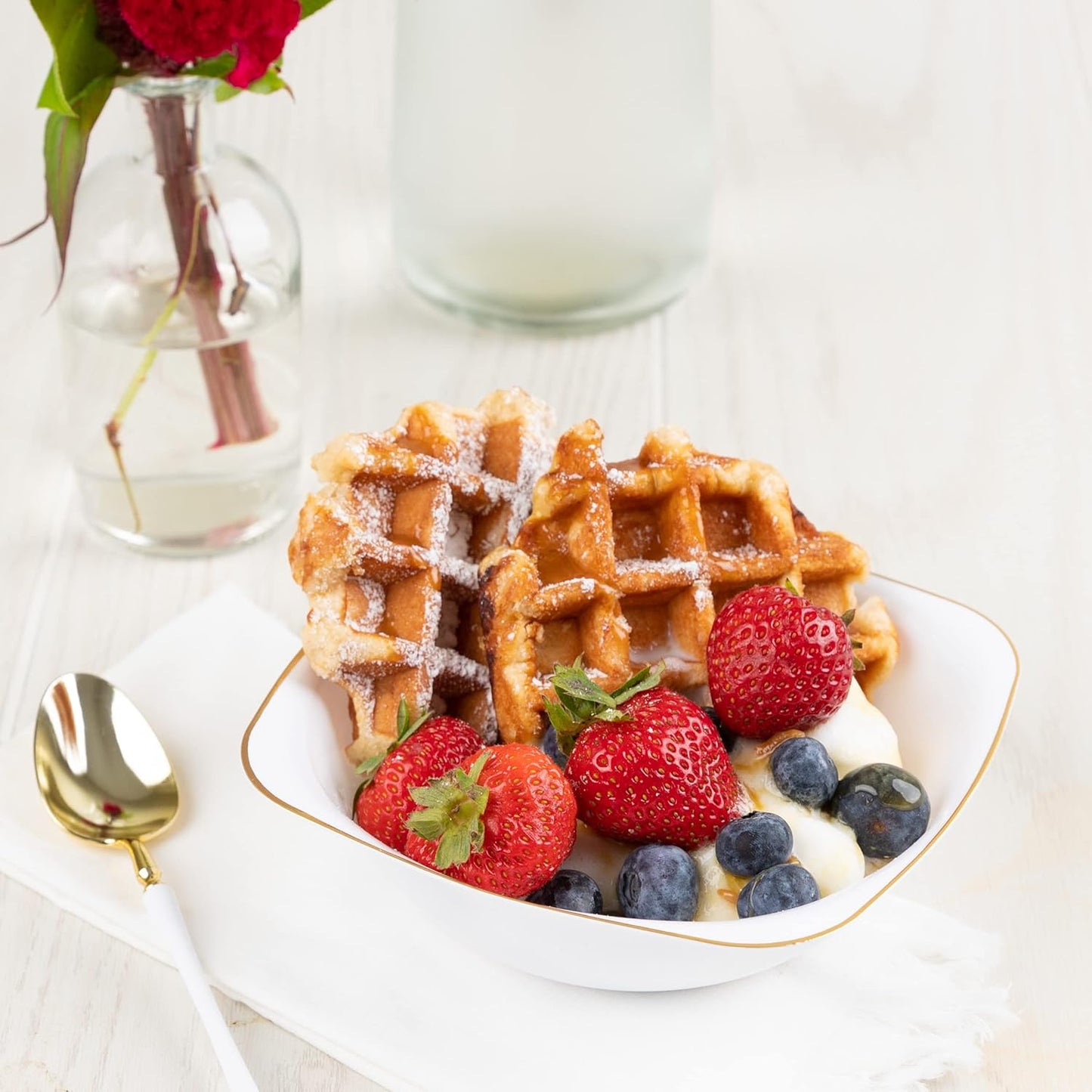 PLASTICPRO White Plastic Organic Party Square Soup bowls White With Gold Rim Elegant Disposable Tableware Dishes 16 OZ 32 Count