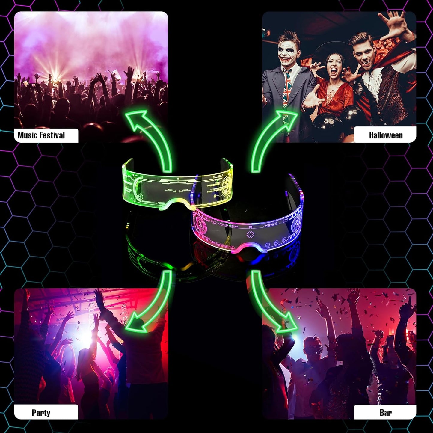 2 pack Light Up Glasses For Party LED Glass For Adults Kids Futuristic Sunglasses Rave Accessory Multi Color Glow Glasses,Gifts(Fun Glasses)