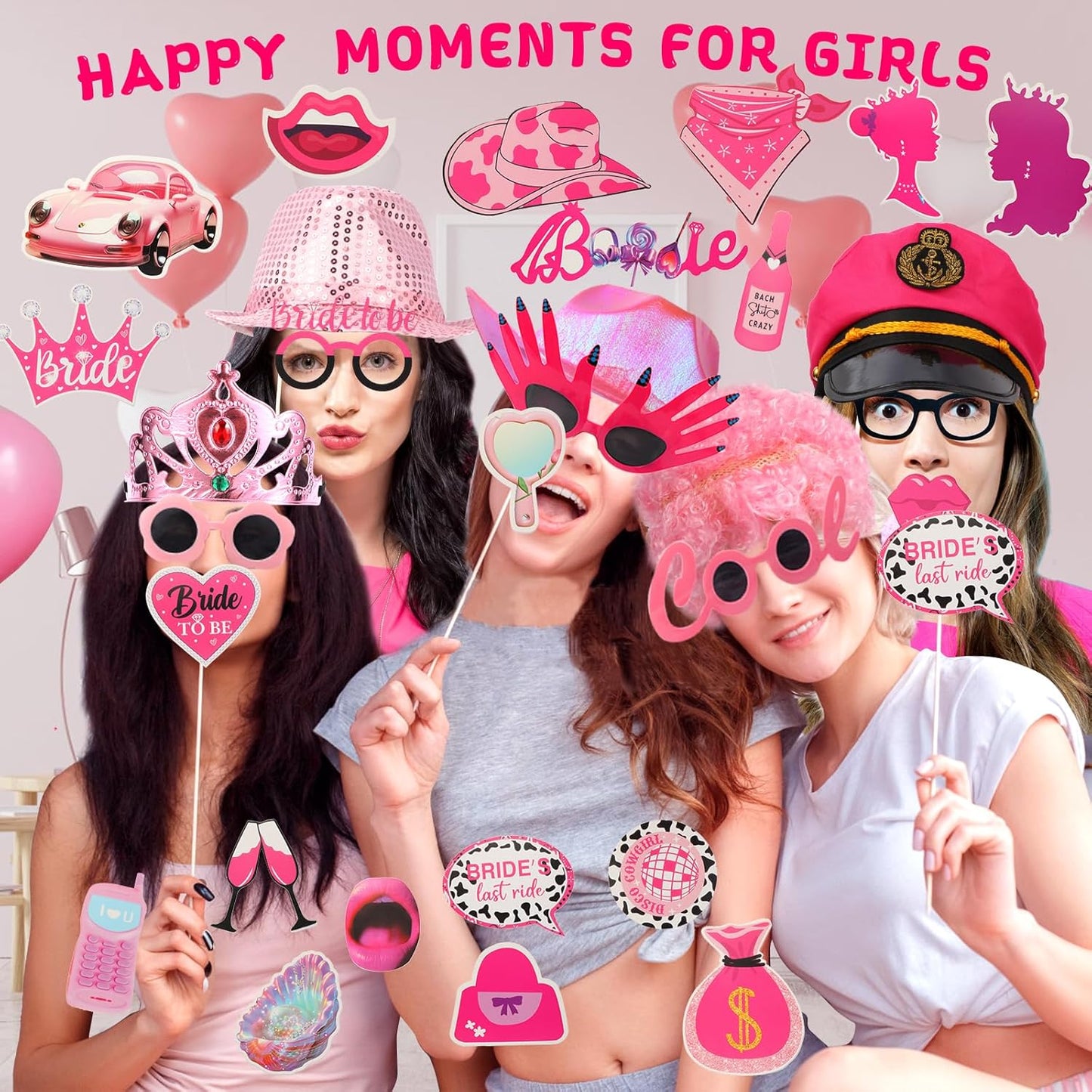Bulk Premium Hot Pink Funny Photo Booth Props Set for Women, Cute Hot Pink Hats, Glasses, Wig, Inflatable Props, PhtotBooth Props Kit for Girls Bachelorette, Wedding, Bridal Shower and All Occasions