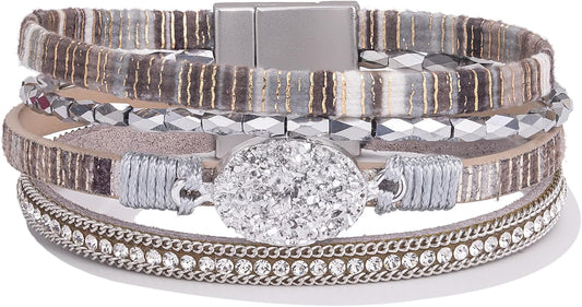 FANCY SHINY Leather Wrap Bracelet Boho Cuff Bangle Bracelets Crystal Bead Bracelet with Magnetic Clasp Jewelry Gifts for Women