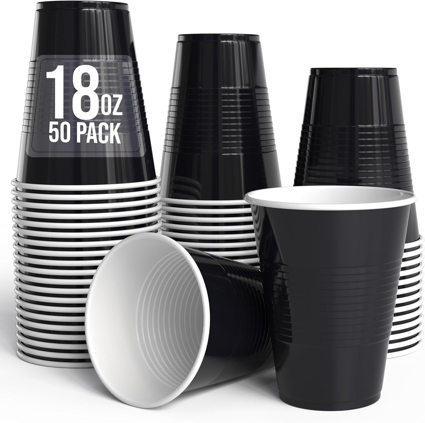 18 Oz Black Plastic Cups For Party Supplies 50 Pack | Black Disposable Cups Plastic | Disposable Drinkware For Parties, Events & Everyday