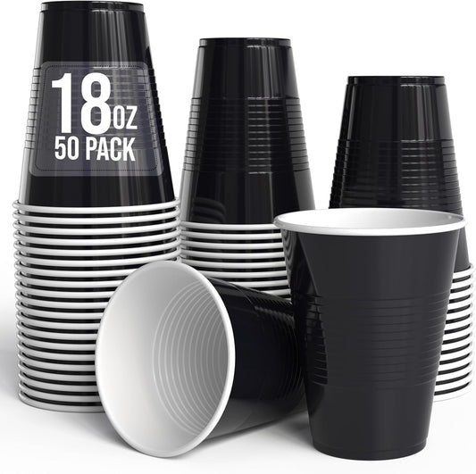 18 Oz Black Plastic Cups For Party Supplies 50 Pack | Black Disposable Cups Plastic | Disposable Drinkware For Parties, Events & Everyday