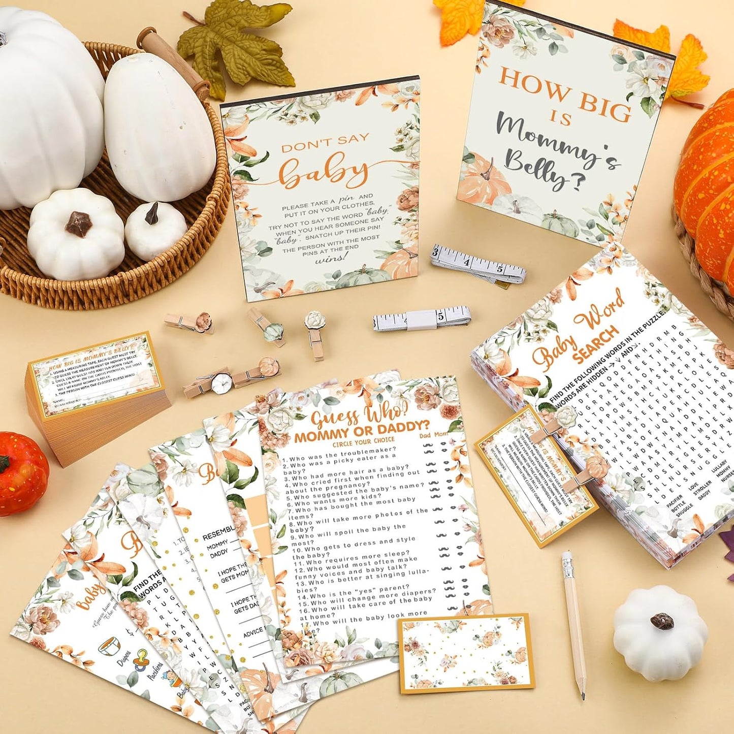 426 Pcs Little Pumpkin Baby Shower Games Set-8 Games, Includes Baby Shower Bingo, Price, Guess Who, Word Scramble, Prediction and Advice, How Big is Mommy's Belly, Don't Say The Words