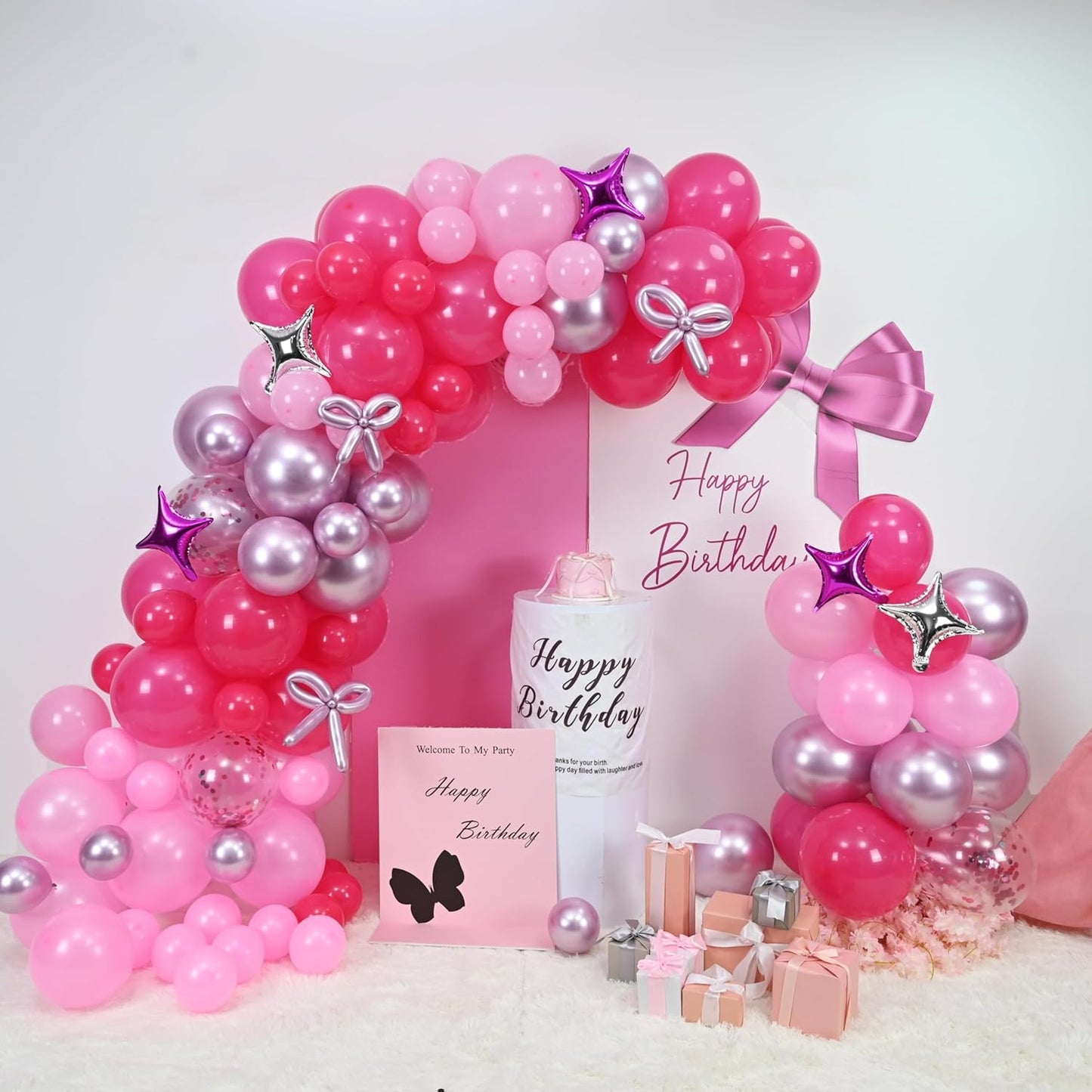 Hot Pink Balloons Garland Arch Kit, Metallic Chrome Magenta Balloon Happy Birthday Decorations Baby Dark Pink Silver Star Confetti Balloons for Girls Birthday Princess Wedding Baby Shower Party Decor