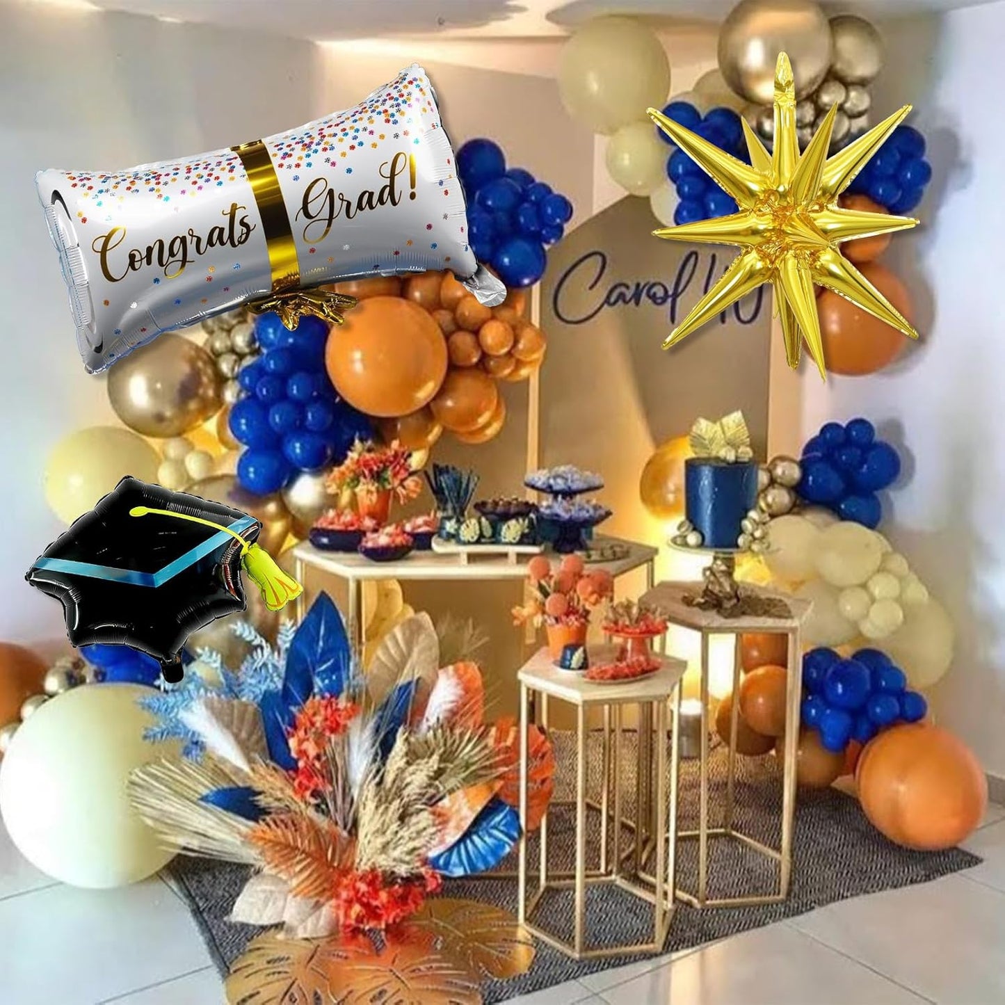 Blue and Orange Graduation Balloons Arch Garland Kit, 115 Pcs Navy Dark Blue Gold Orange Congrats Grad Balloons Class of 2025, Prom Graduation Party Decoration with Star Certificate Cap Foil Balloon