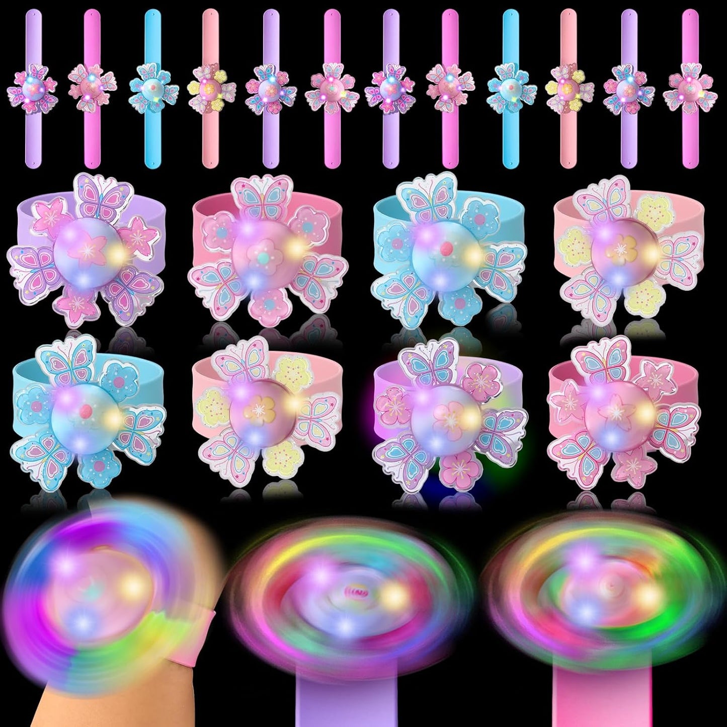 12Pcs LED Light Up Rotating Slap Bracelets Butterfly Party Favors Glow Bracelets, Glow In The Dark Party Supplies Birthday Gifts Classroom Rewards Goodie Bag Stuffers for Kids Boys Girls