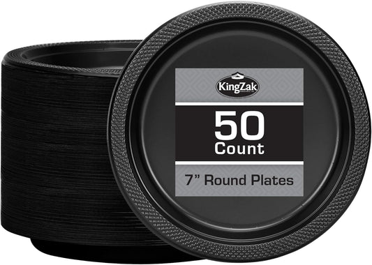 Hanna K. Signature Black Plastic Party Plates – 7-Inch Heavy Duty Disposable Plates, 50 Count, Party Supplies for Appetizers, Cake & Dessert