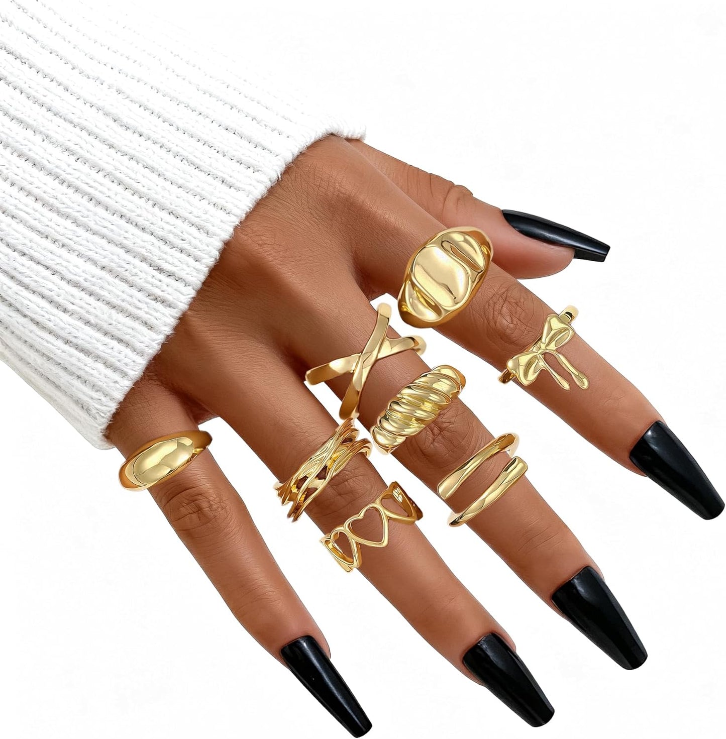 FAXHION 12PCS Gold Stackable Rings Set for Women, 18K Gold Plated Open Stacking Knuckle Ring, Adjustable Chunky Signet Band Statement Ring for Gift