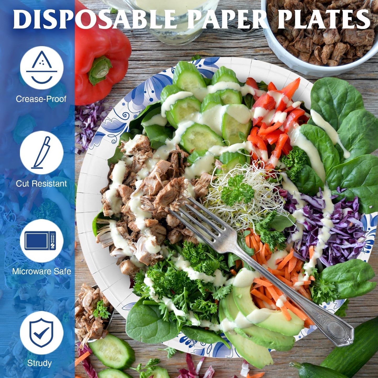 Charmount 10 Inch Large Blue Paper Plates, 300pcs Disposable Plates for Parties and Daily Use, Soak Proof, Cut Proof, Flower Printed