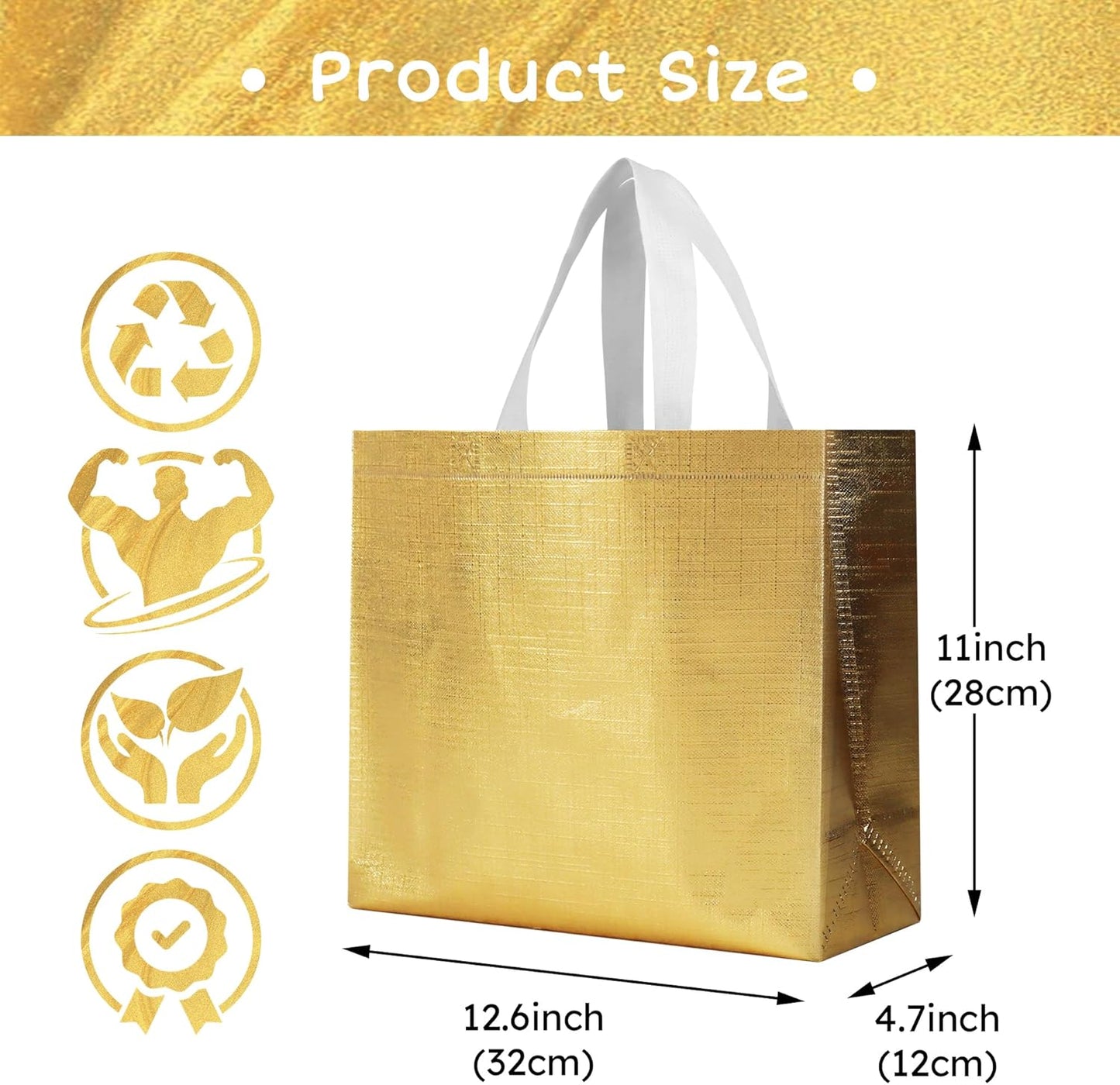 cabzymx 25 Pcs Gold Reusable Gift Bags with Metallic Design, Non-woven Gift Bag Bulk with Handles, Glossy Party Bags for Wrapping Gifts, Birthday, Wedding, Parties, Graduation-12.6x4.7x11 In