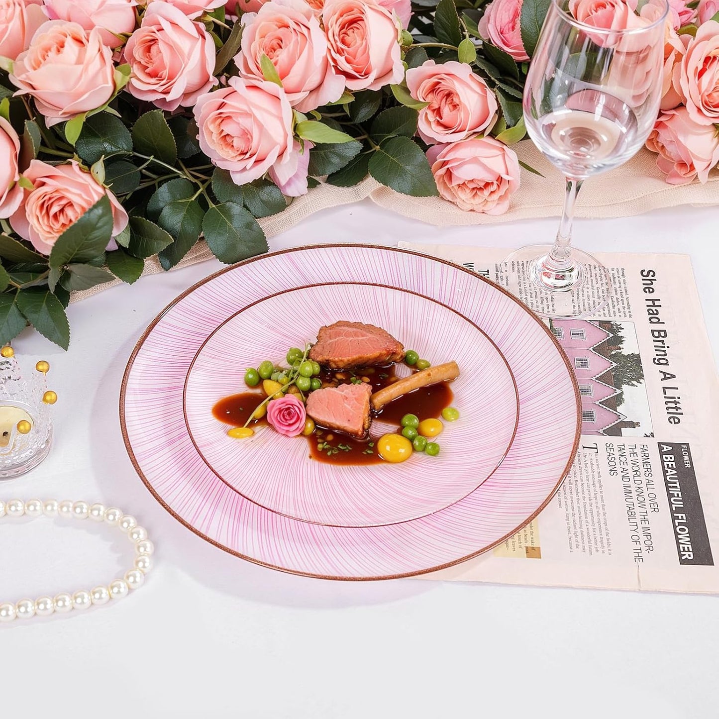 LIYH 60 Pcs Pink Plastic Combo Plates Set - Heavy Duty Pink Scalloped Plastic Disposable Plates for Party - 10.25" Dinner & 7.5" Dessert Plate 30 Guests