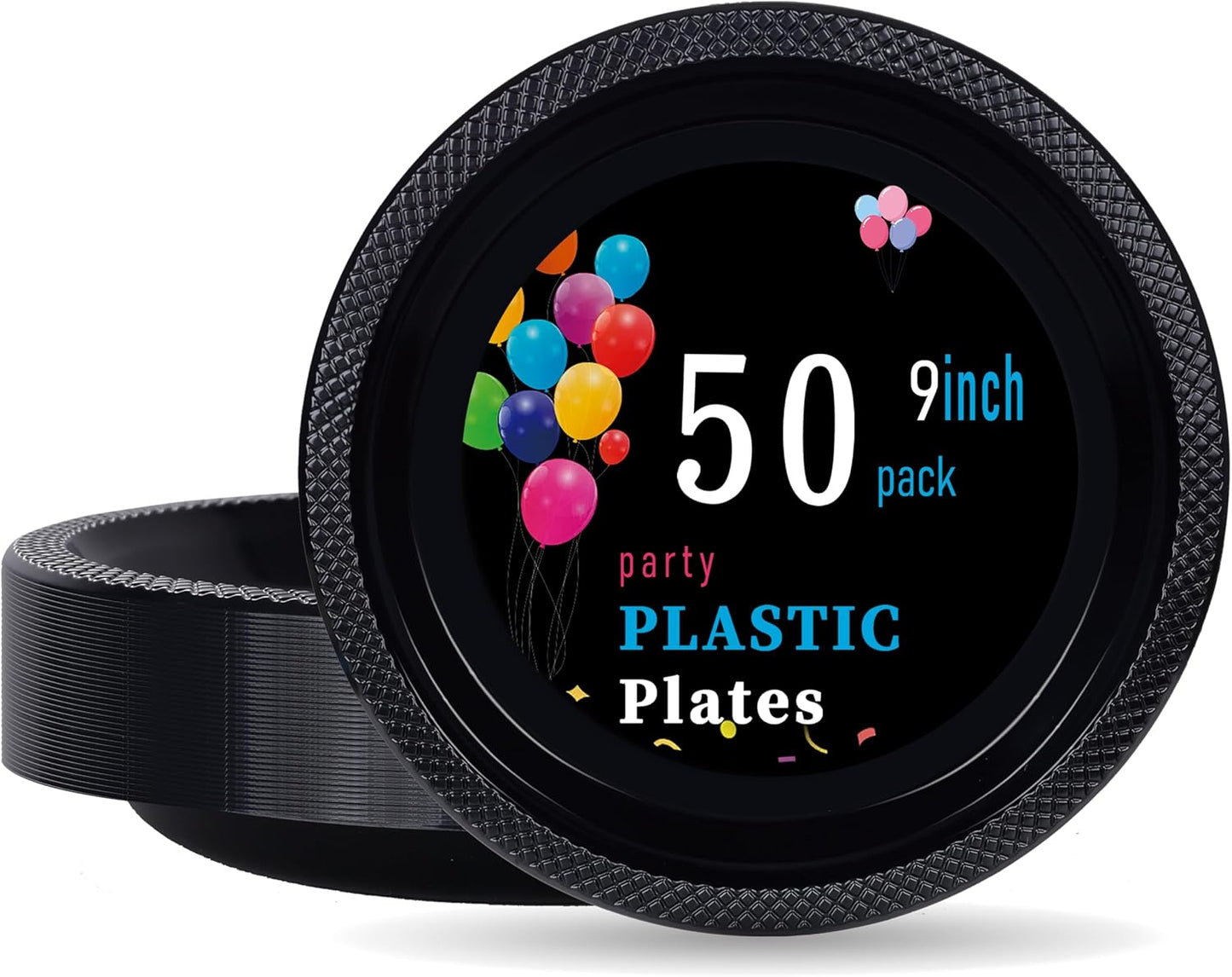 WELLIFE Black Plastic Plates 9 Inch 50 Count Disposable Plate for Party Halloween Plastic Plate for Dinner Dessert Party Supplies Birthday Camping BBQ